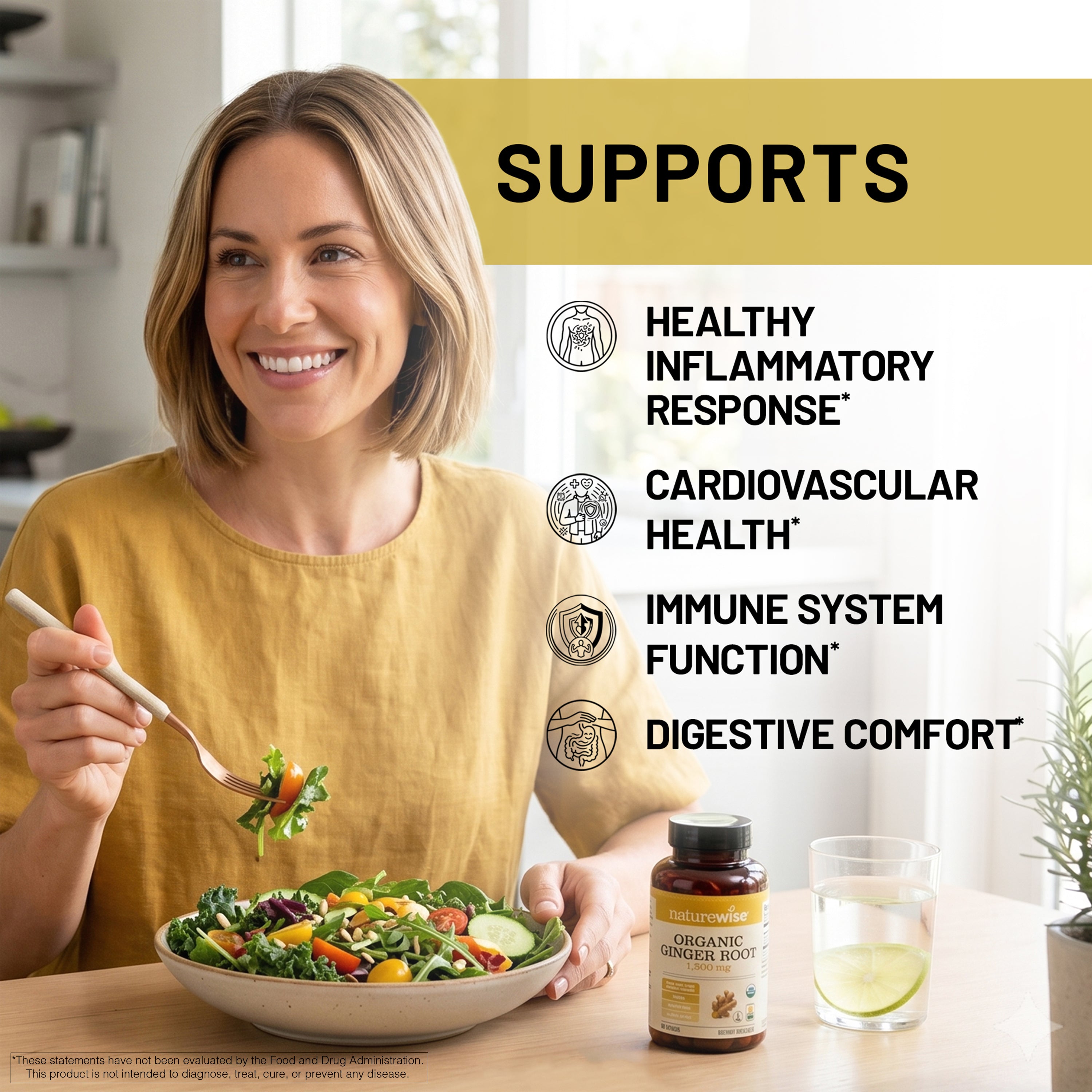 Woman eating a salad with a bottle of organic ginger root and a glass of water, with text about health benefits.