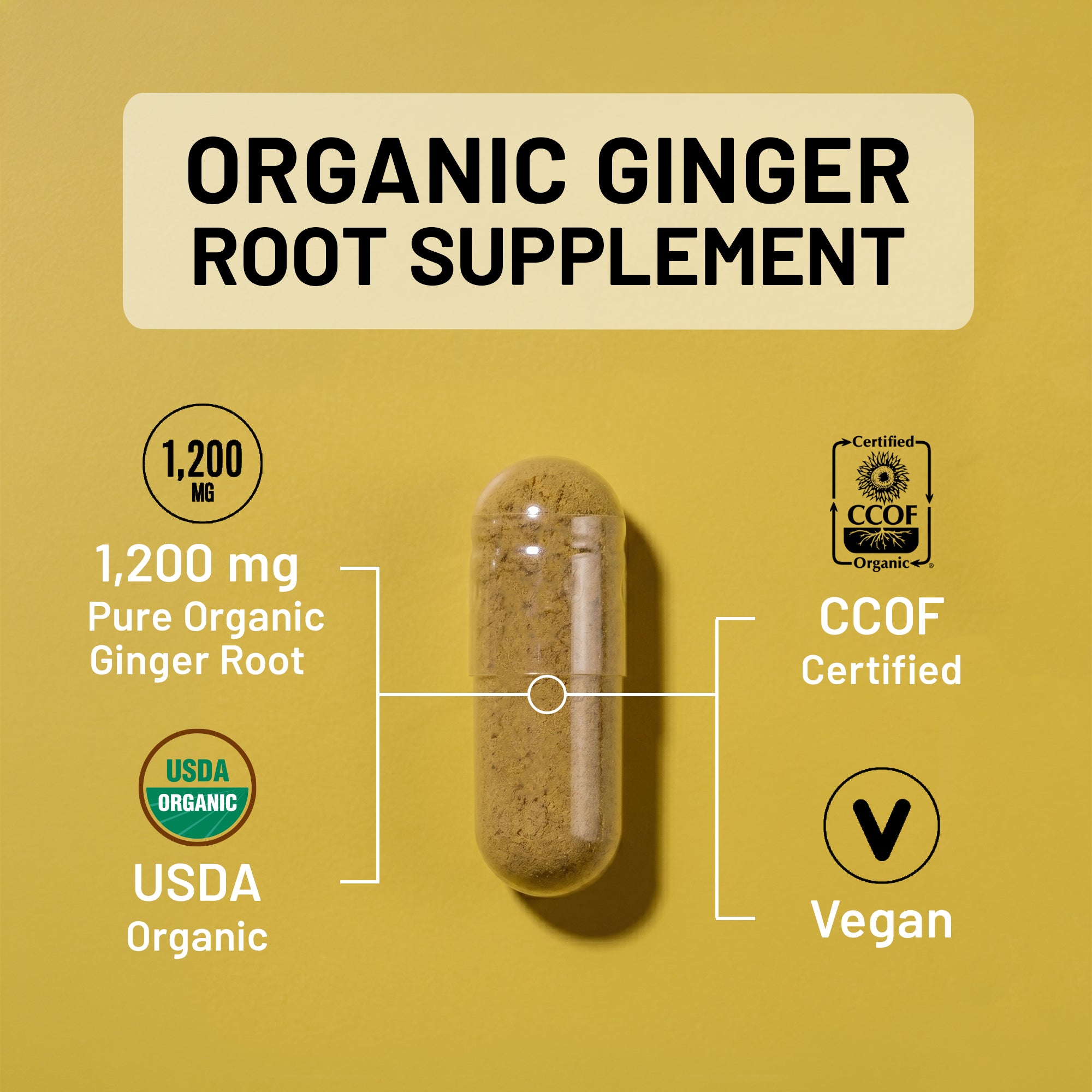 NatureWise Organic ginger root supplement capsule with certification logos on a yellow background