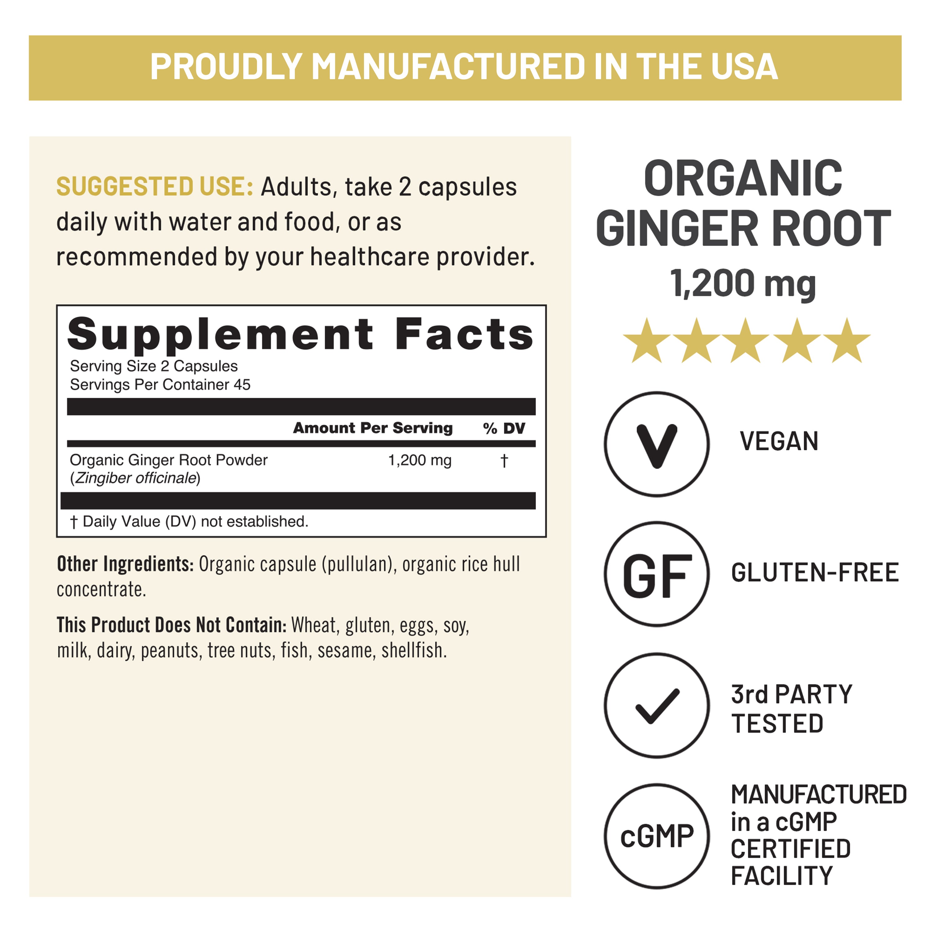 Supplement fact label for NatureWise Organic Ginger Root with manufacturing details and dietary information.
