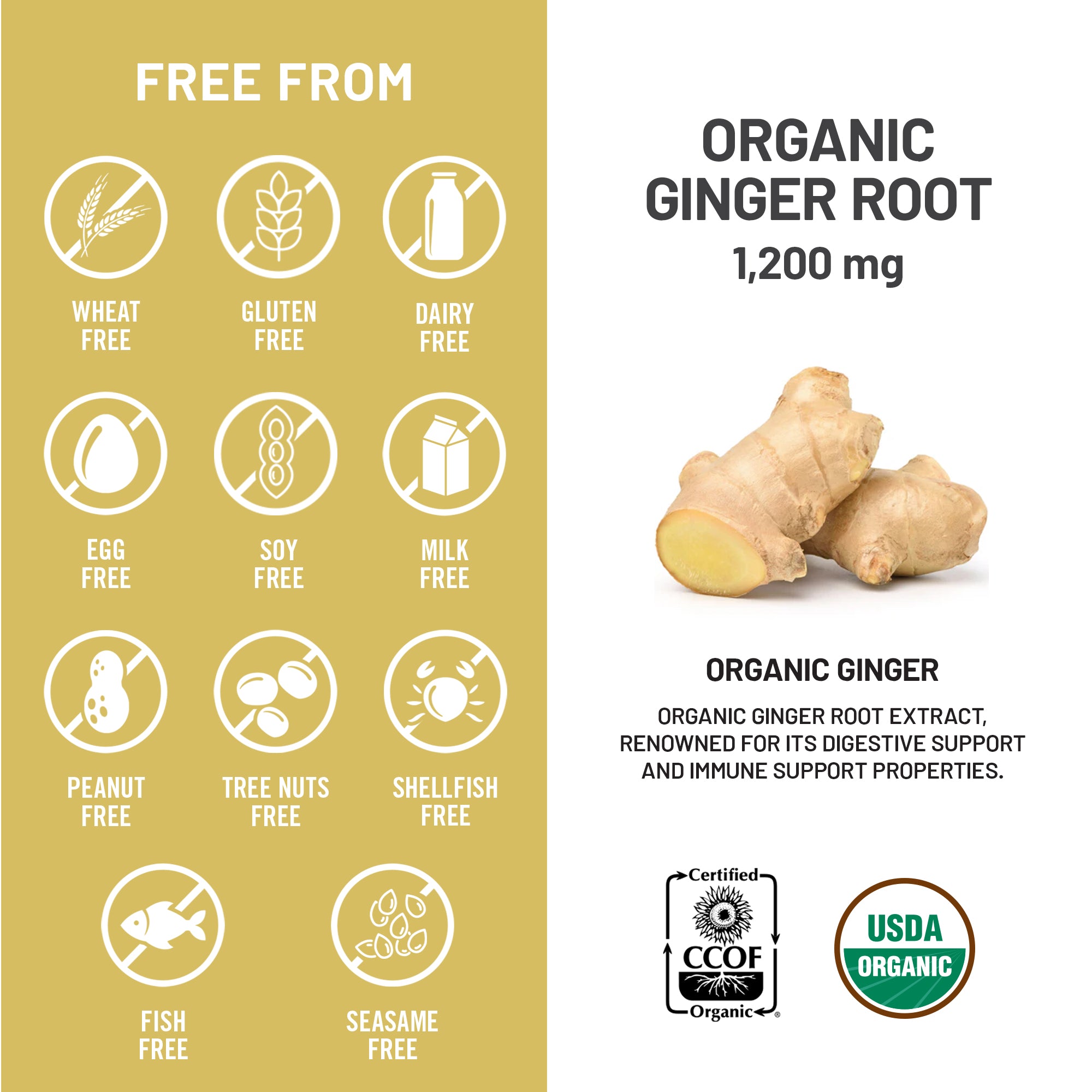 Product label for organic ginger root with free-from icons and ginger images.