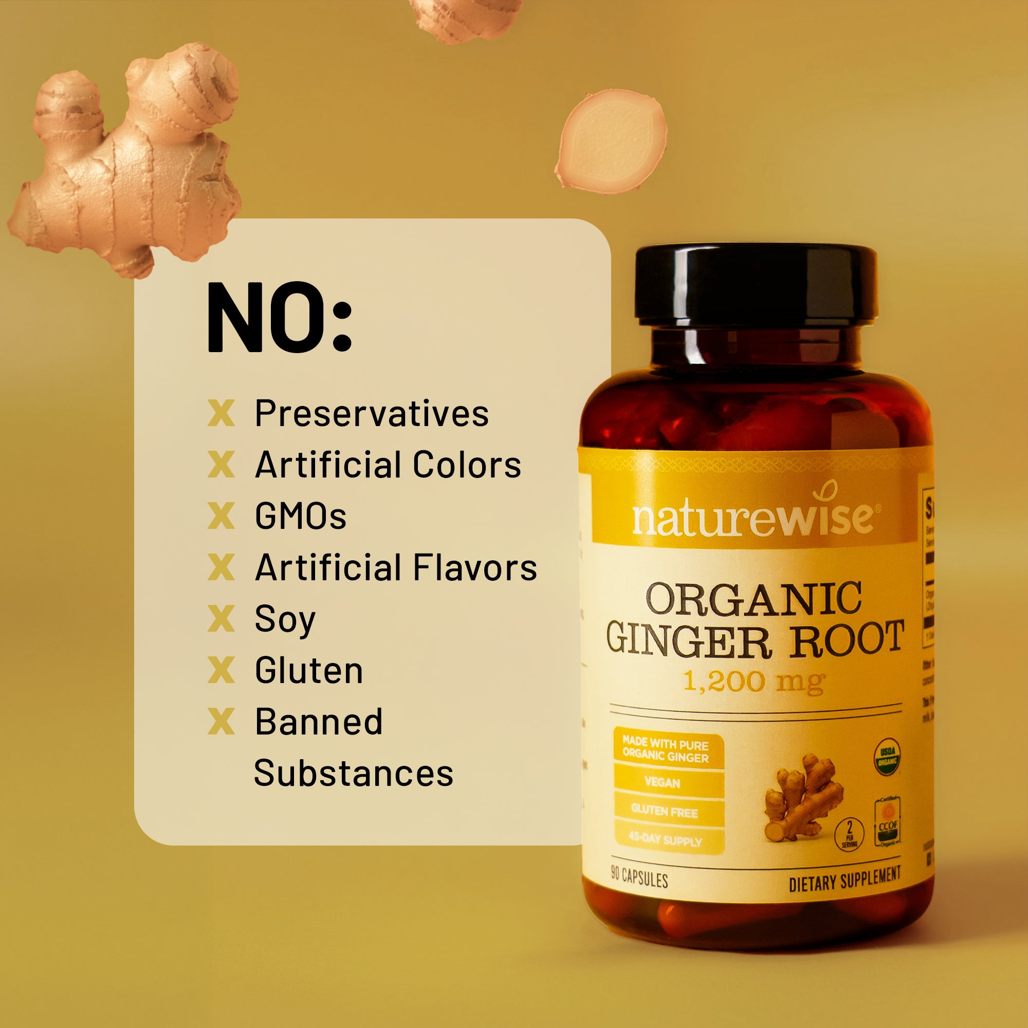 Naturewise Organic Ginger Root supplement bottle with ginger root and capsules on a yellow background
