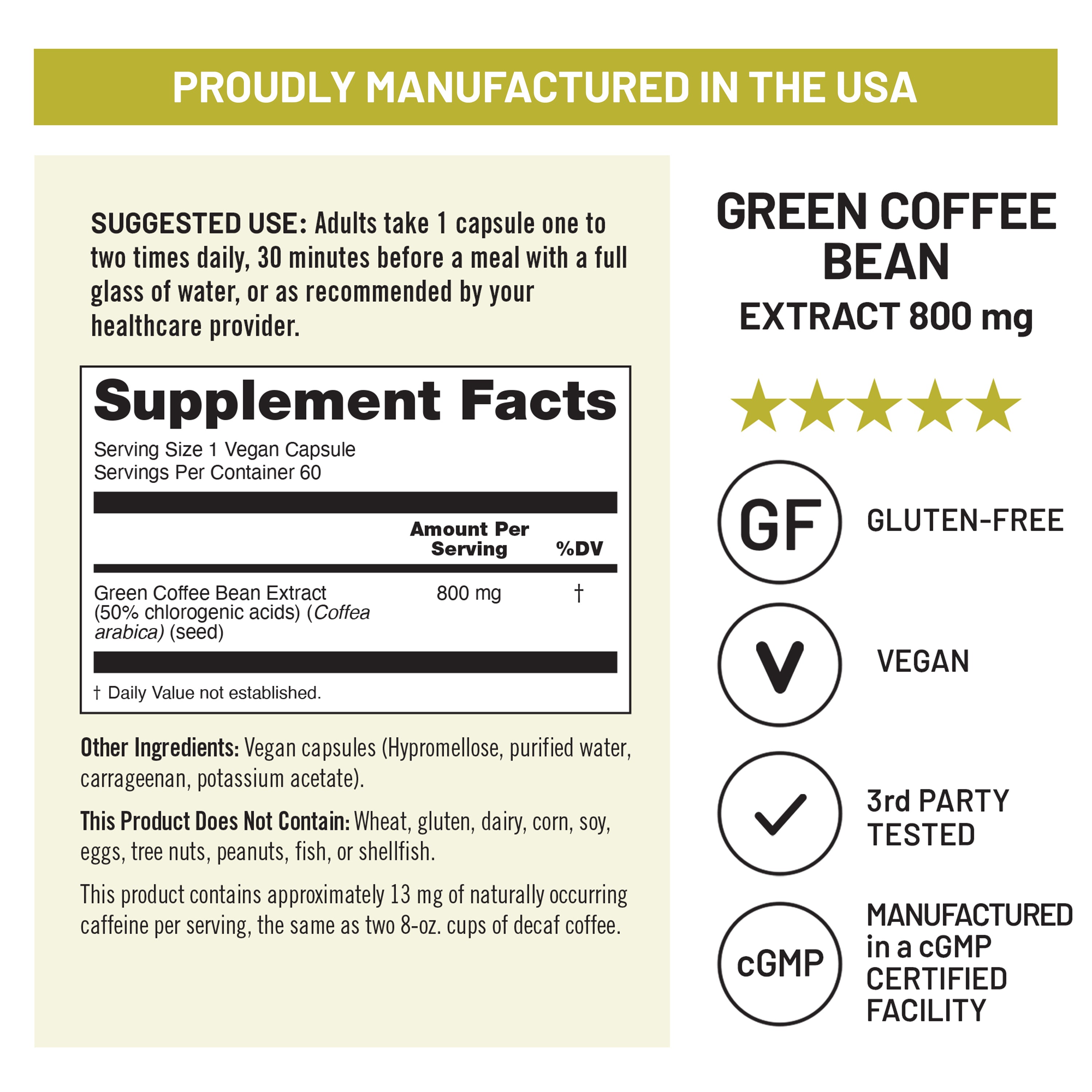 Supplement label for Green Coffee Bean Extract 800 mg supplement with certification icons and manufacturing details.