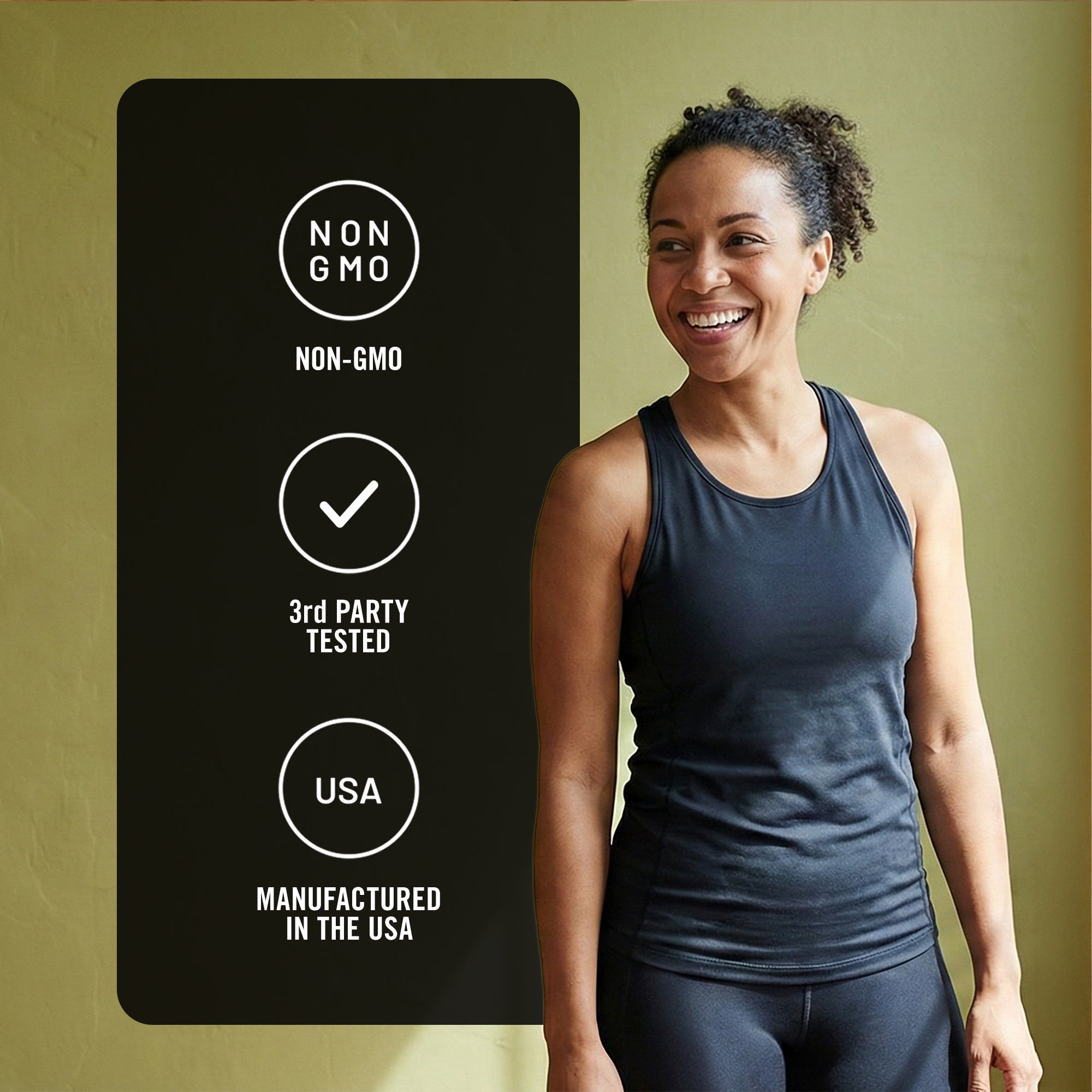 Woman in athletic wear standing next to a label indicating non-GMO, third-party tested, and USA manufacturing.