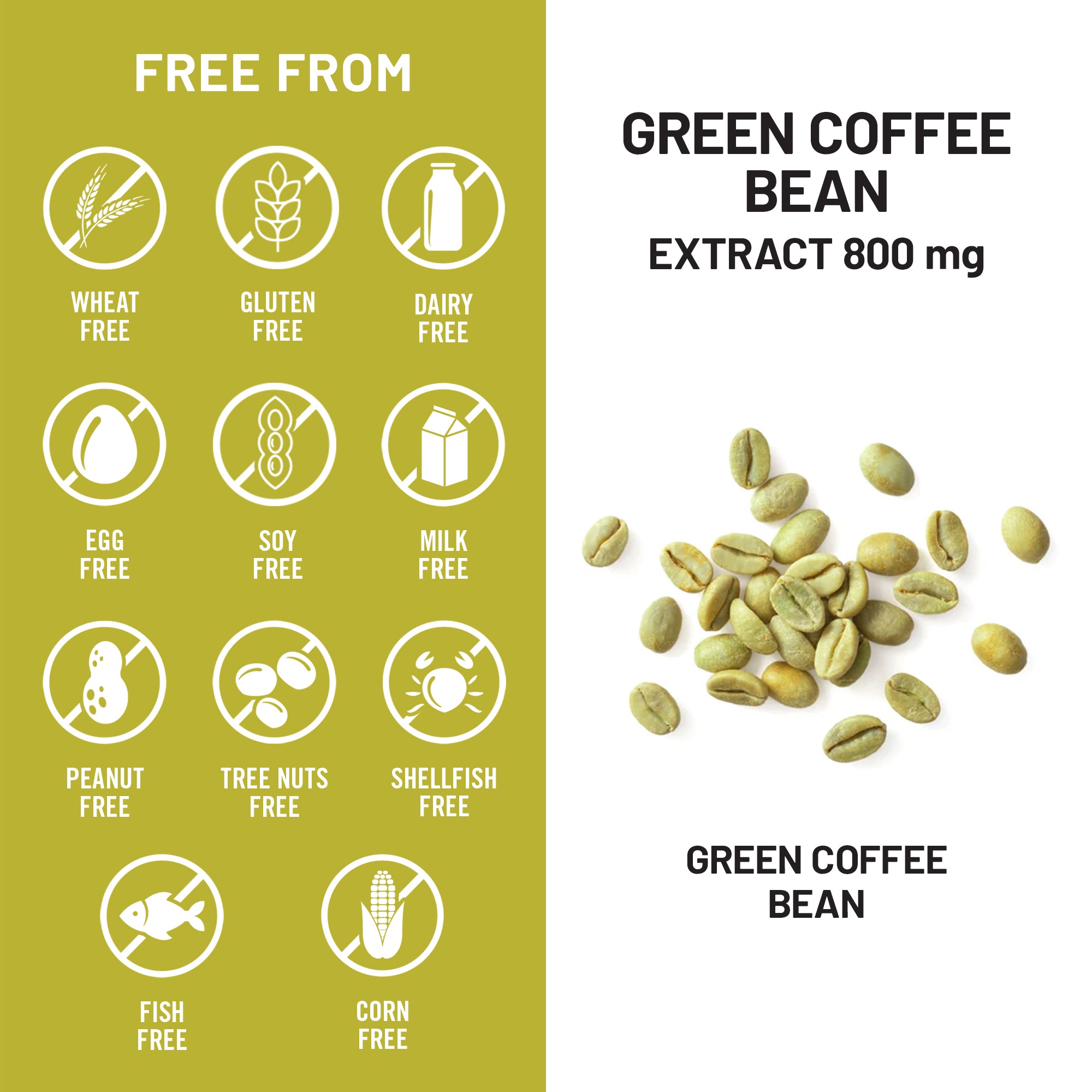 Product label with green coffee bean extract information and free-from icons.