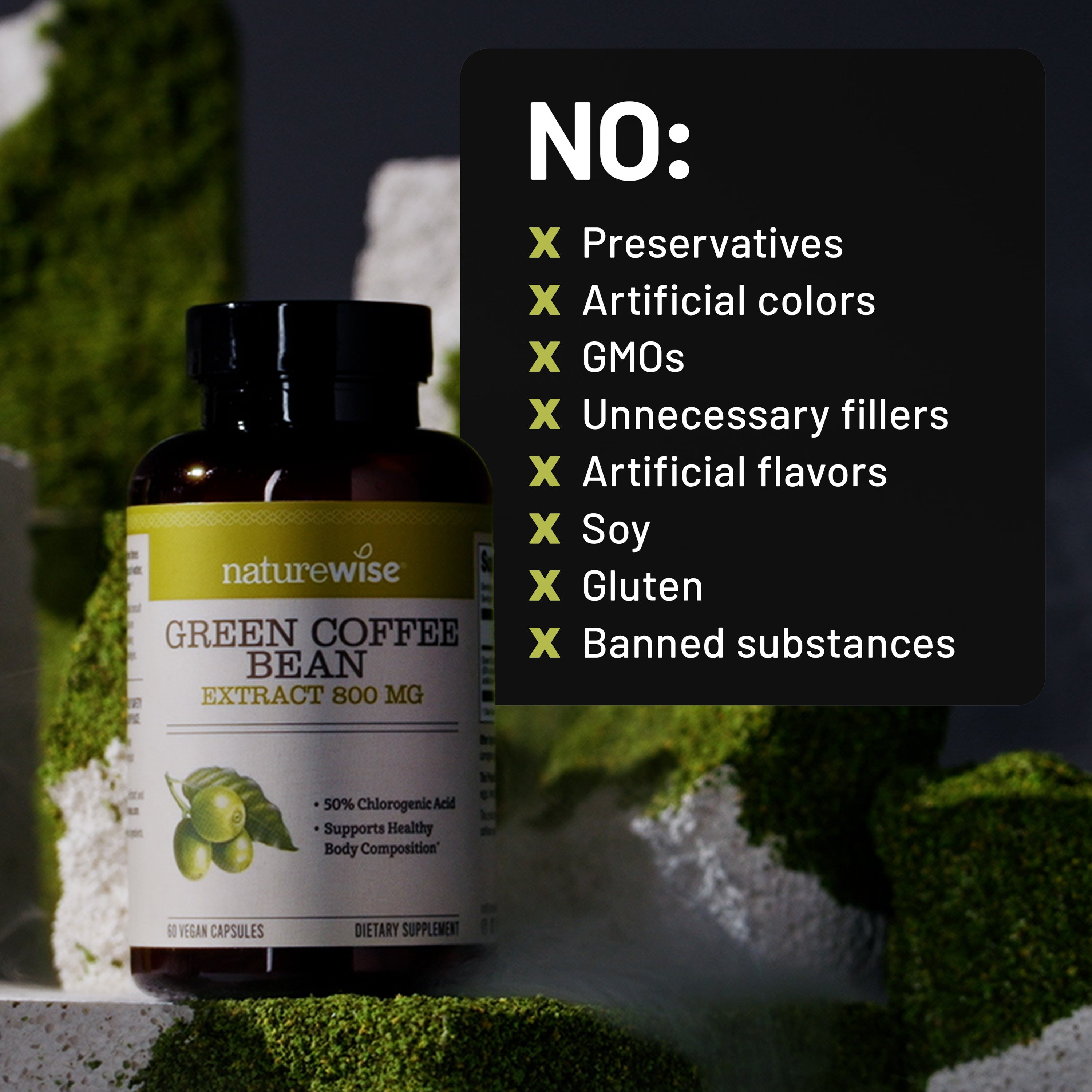 Naturewise Green Coffee Bean Extract supplement bottle with a list of 'No' items on a green background