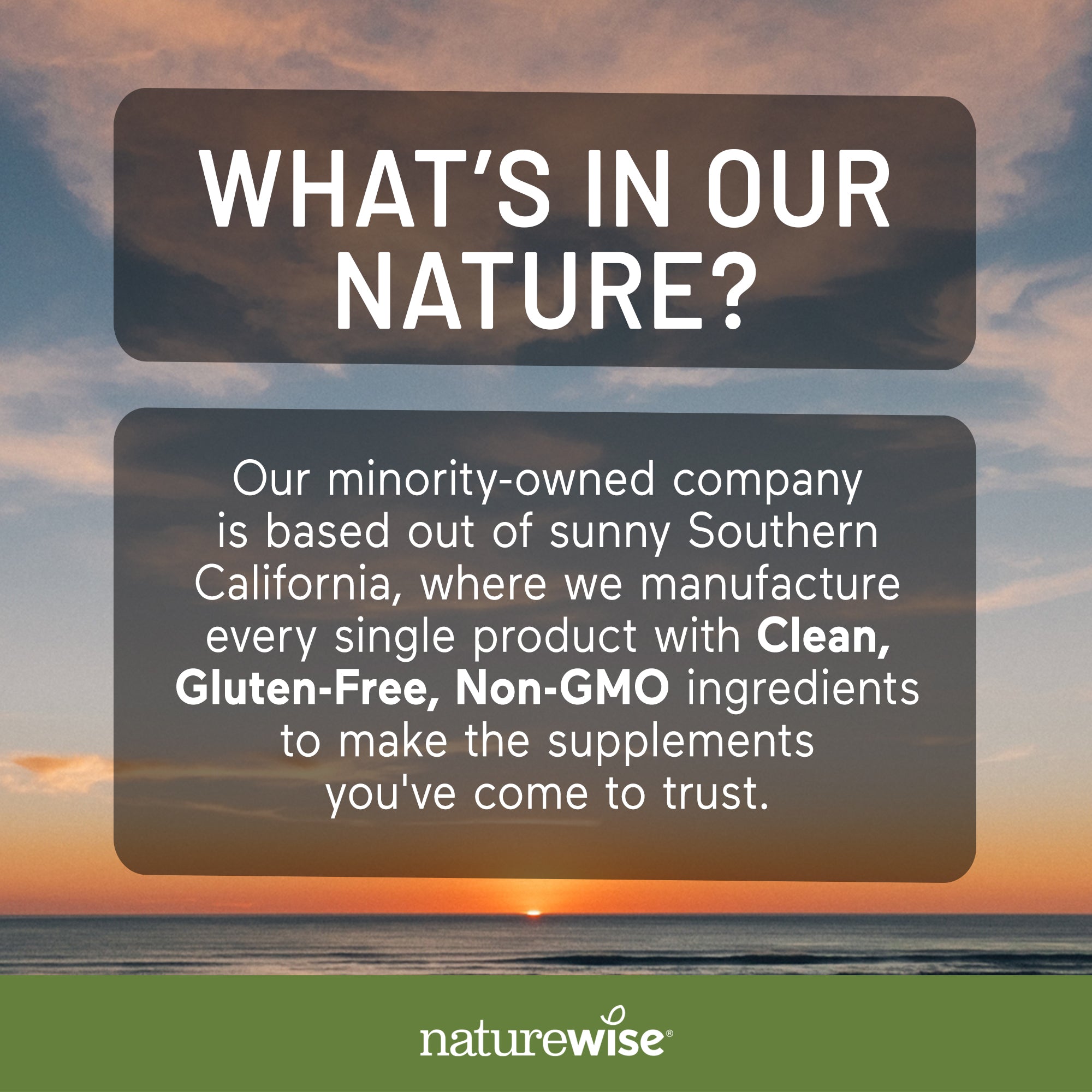 Promotional graphic for a supplement brand with text about product ingredients and location, set against a sunset over water.