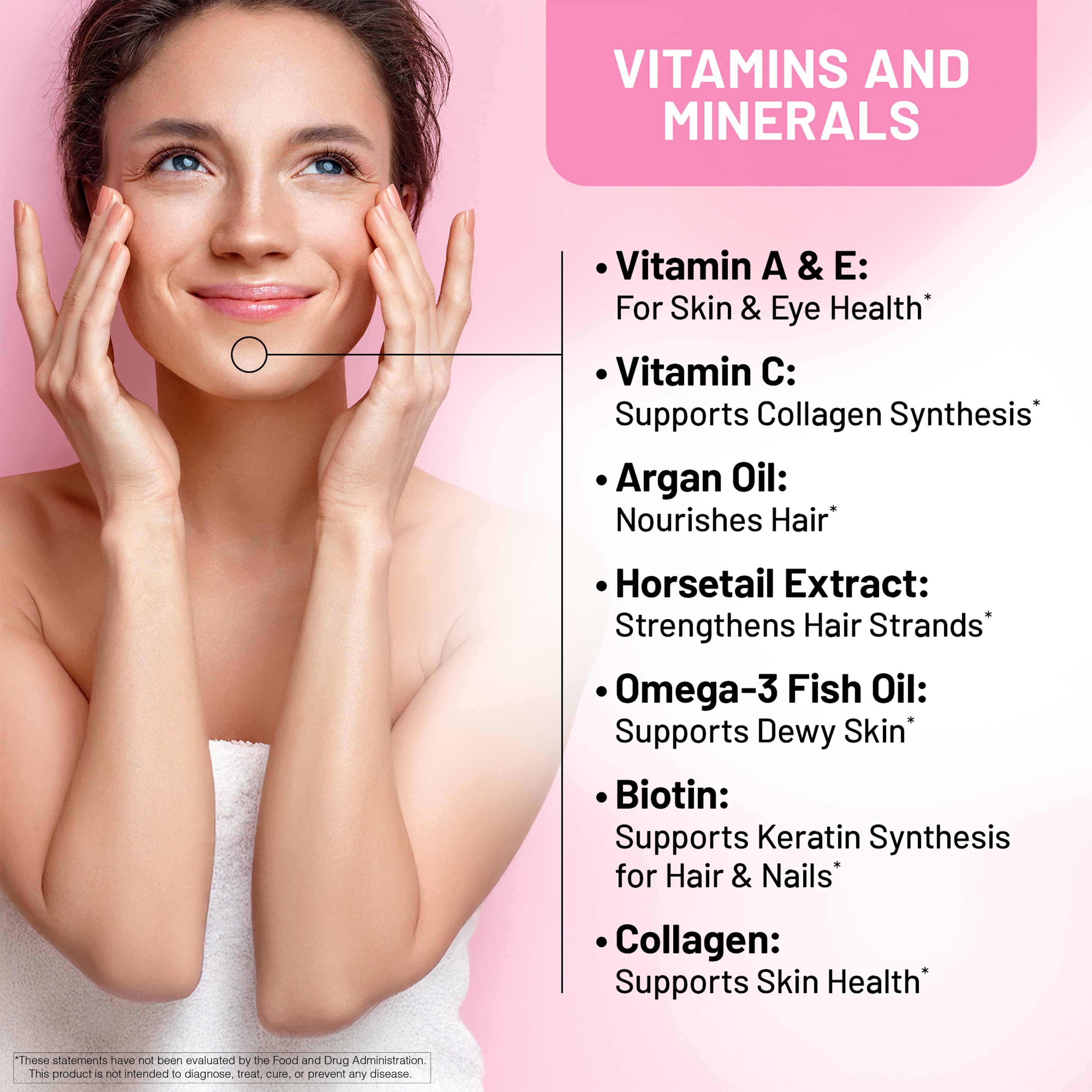 Woman in the background with a list of vitamins and minerals on a pink background