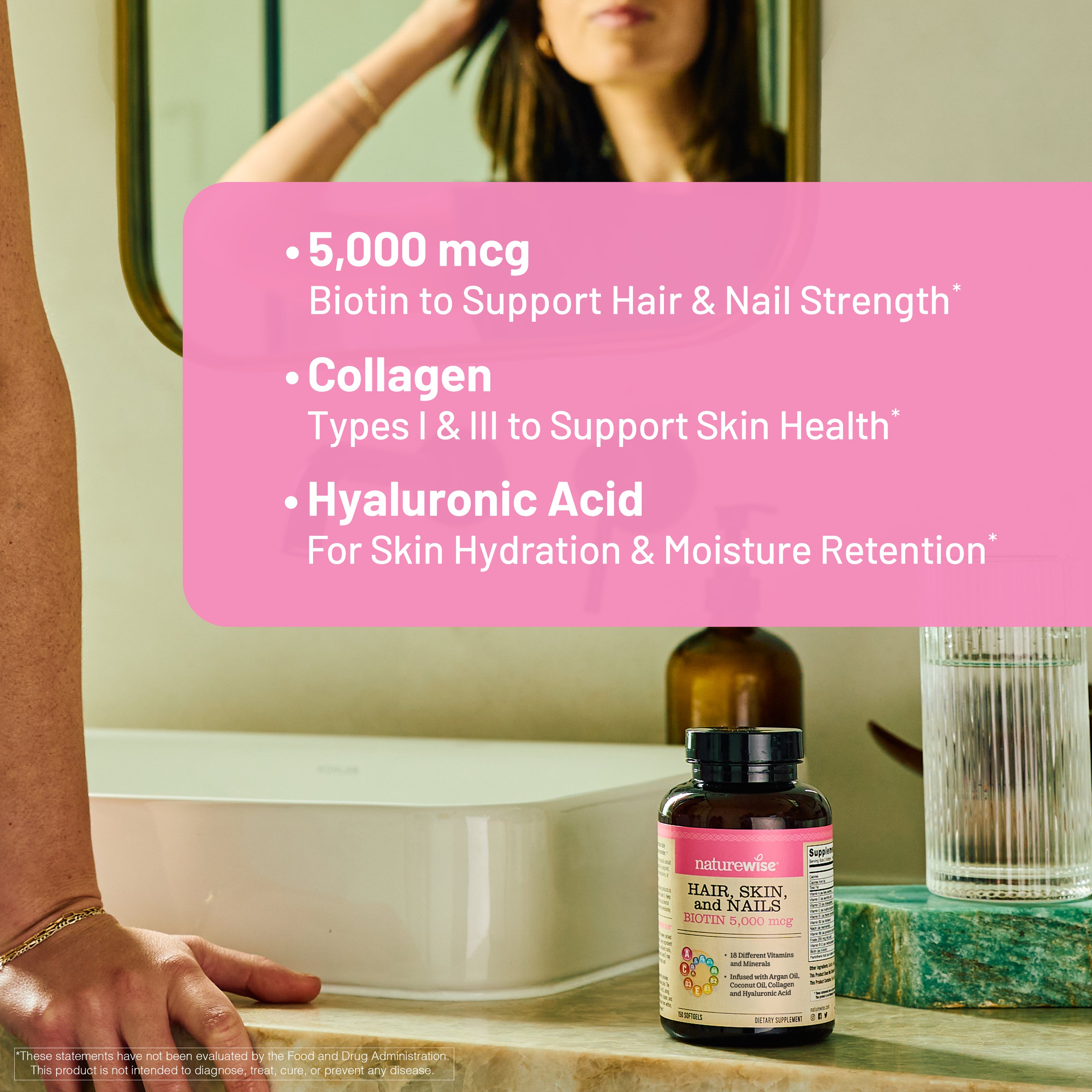 Bottle NatureWise Hair, Skin, and Nails supplement on a bathroom counter with text about its benefits.