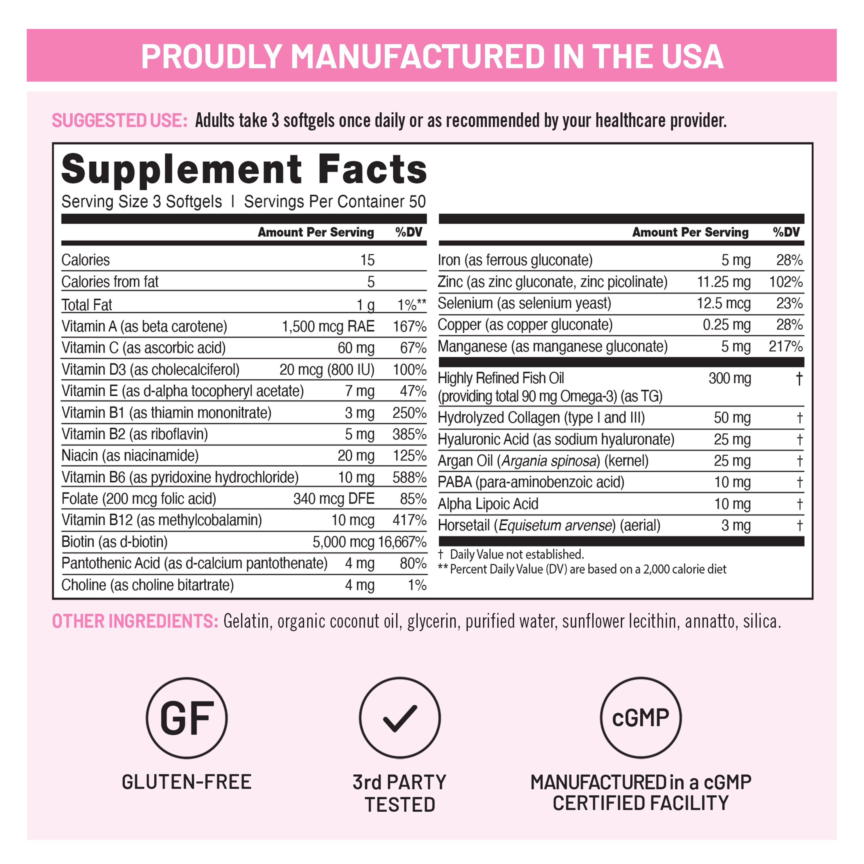 NatureWise Hair, Skin, and Nails supplement fact label with detailed nutritional information on a pink background
