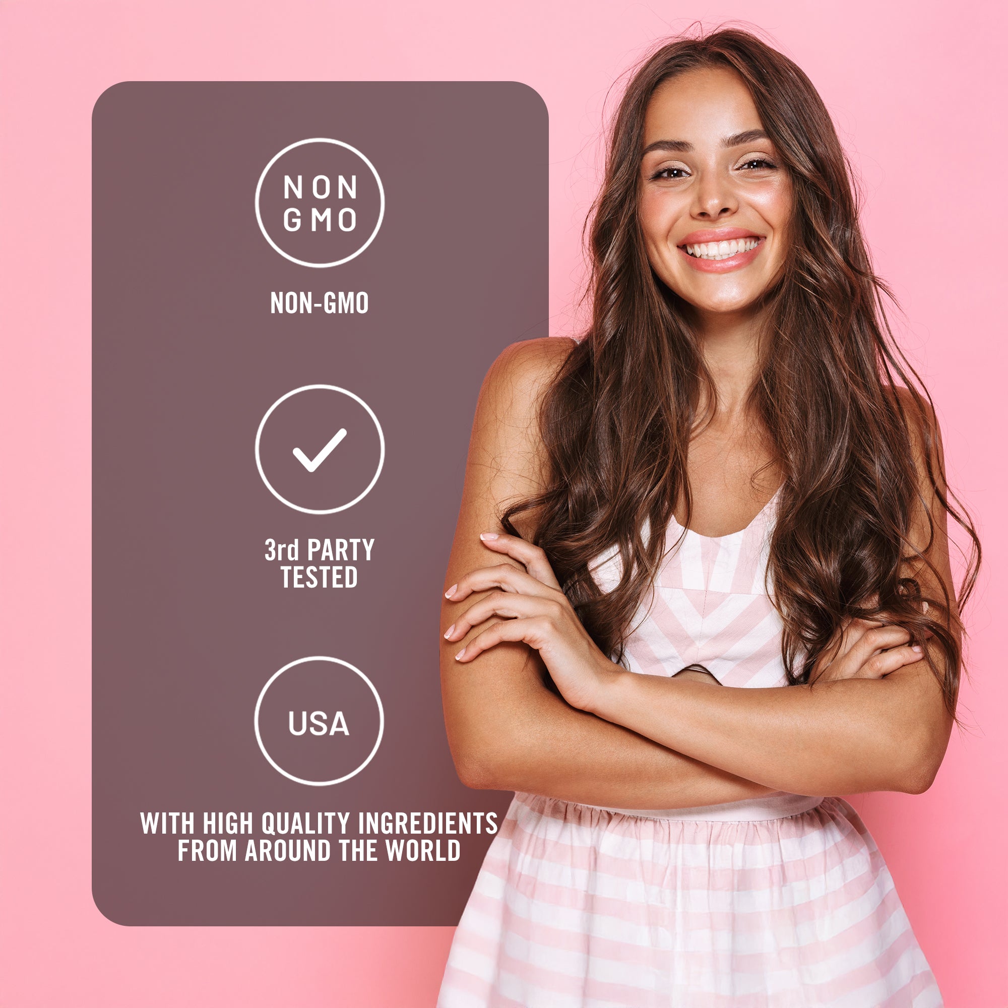 Woman with crossed arms on a pink background with certification icons and text.