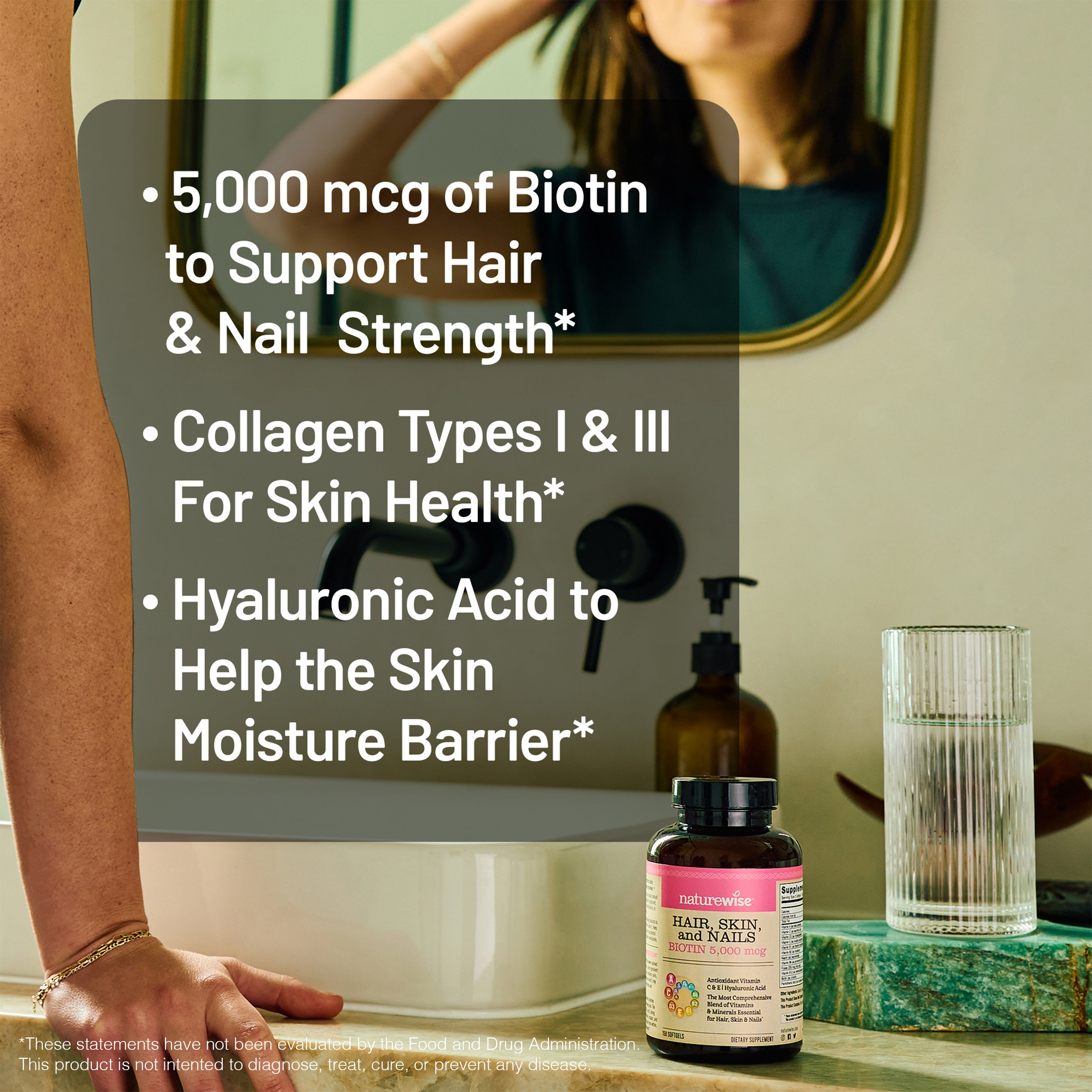 Bottle of hair and skin supplement on a bathroom counter with text about its ingredients.