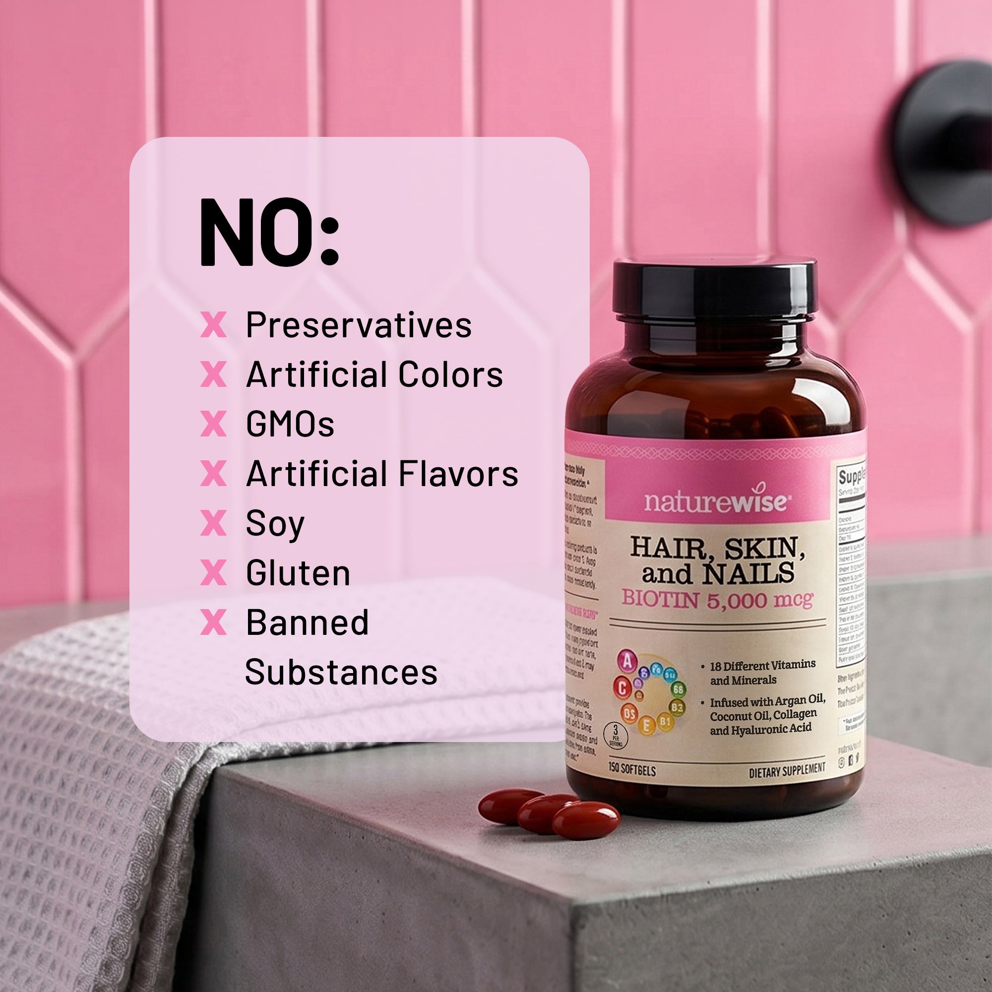 Naturewise hair, skin, and nails supplement bottle with a pink sign listing ingredients on a pink tiled wall background.