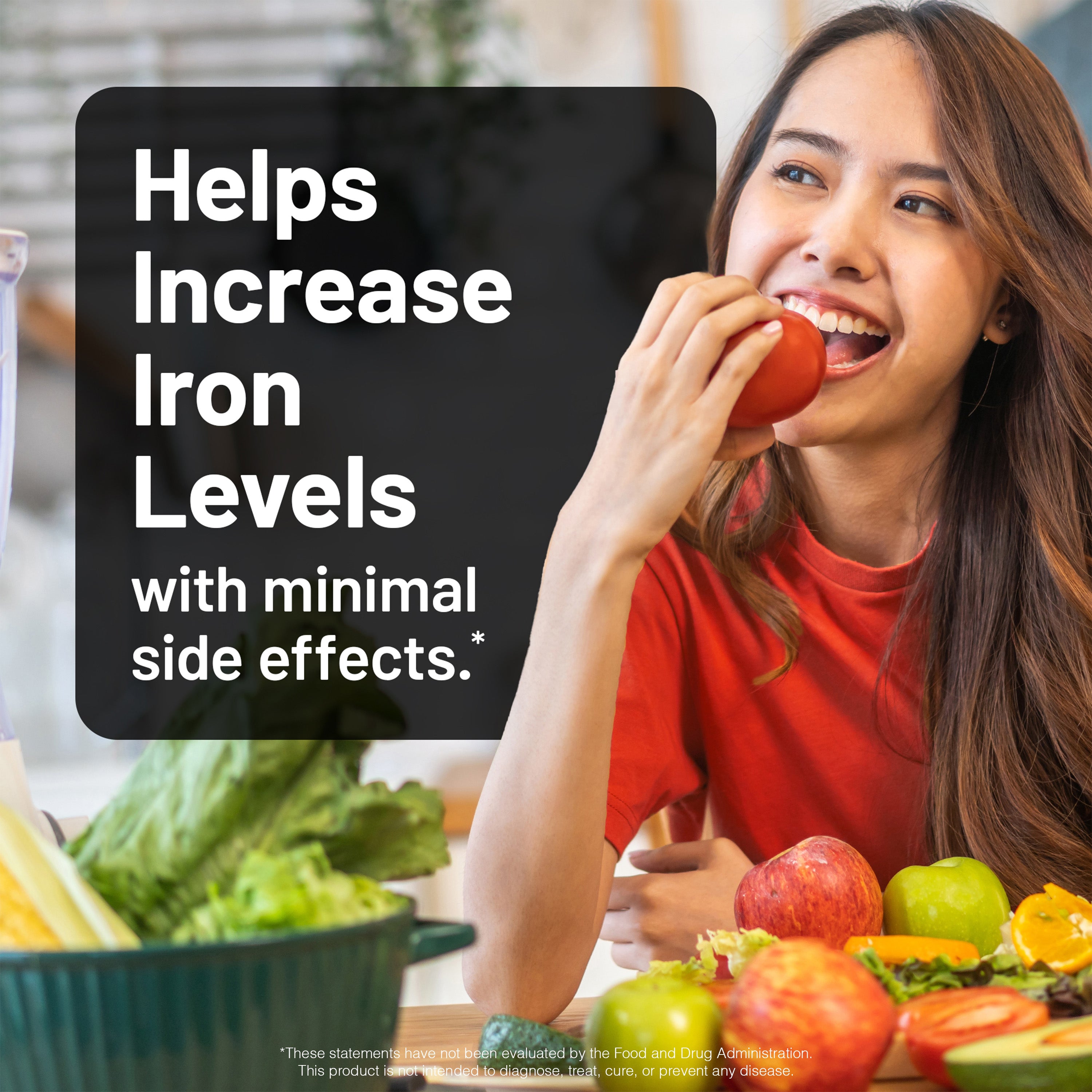 Woman eating an apple with text about increasing iron levels, sitting at a table with fruits and vegetables.