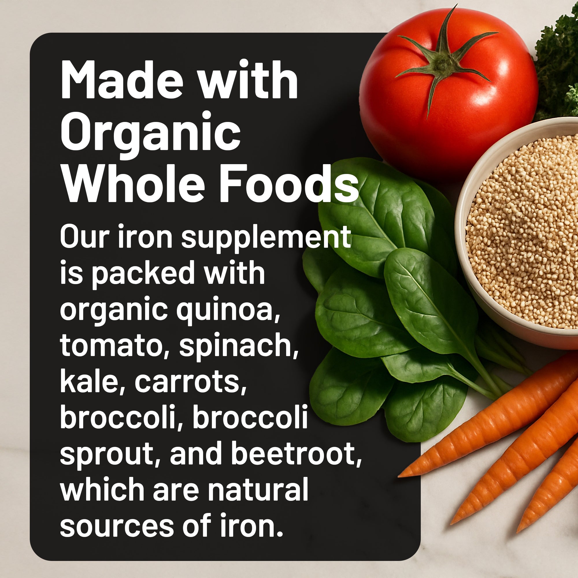 Iron supplement packaging with organic whole foods ingredients on a light background