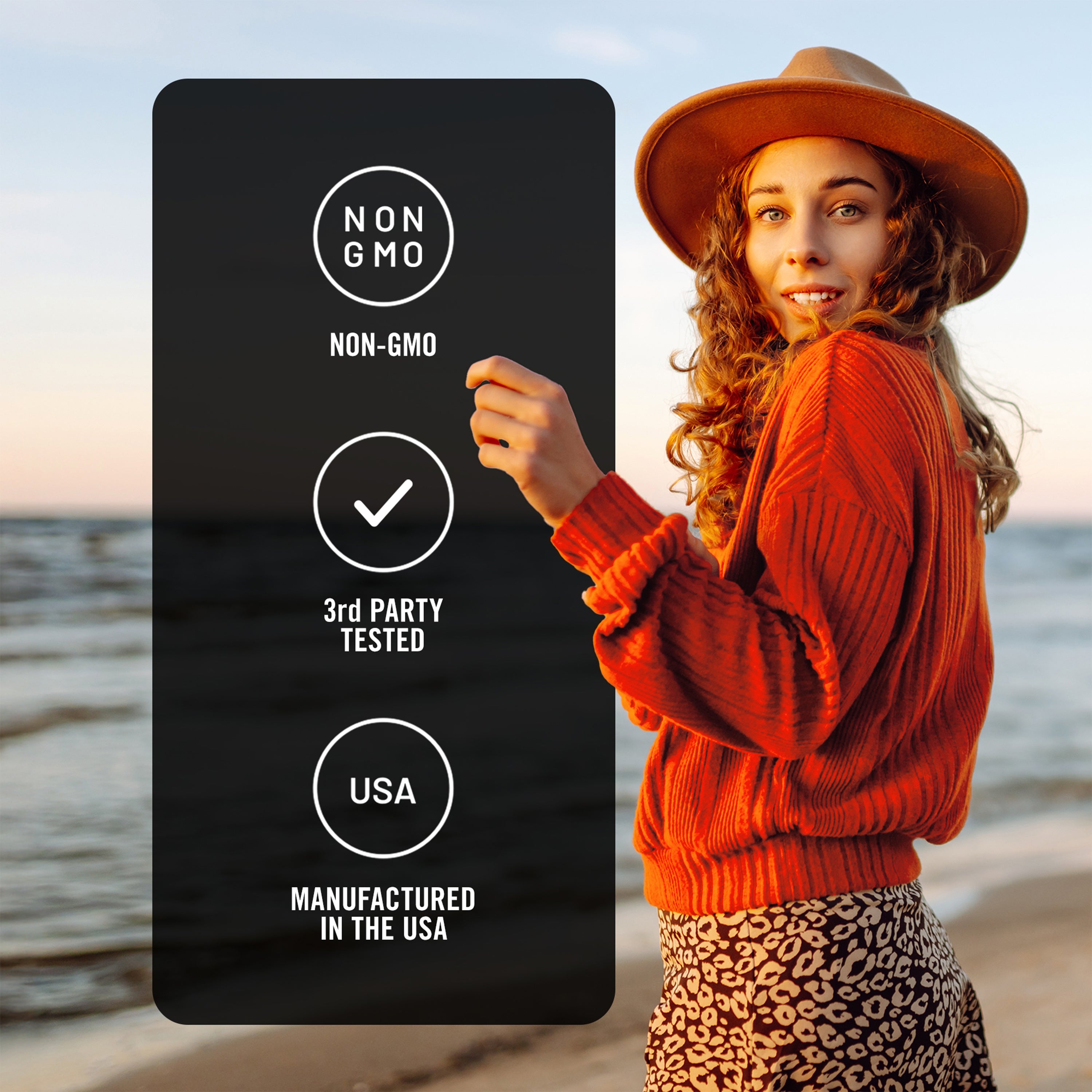 Woman on a beach holding a label with 'Non-GMO', '3rd Party Tested', 'USA', and 'Manufactured in the USA' text.