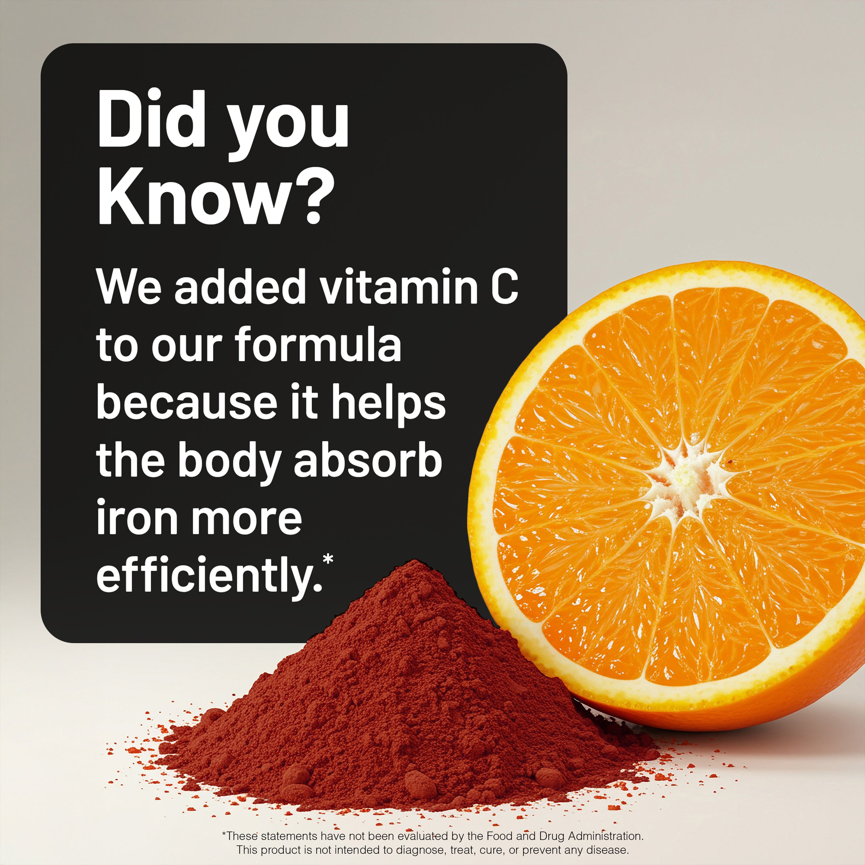 Orange with a pile of raw iron ingredient with text about vitamin C being added for absorption of iron