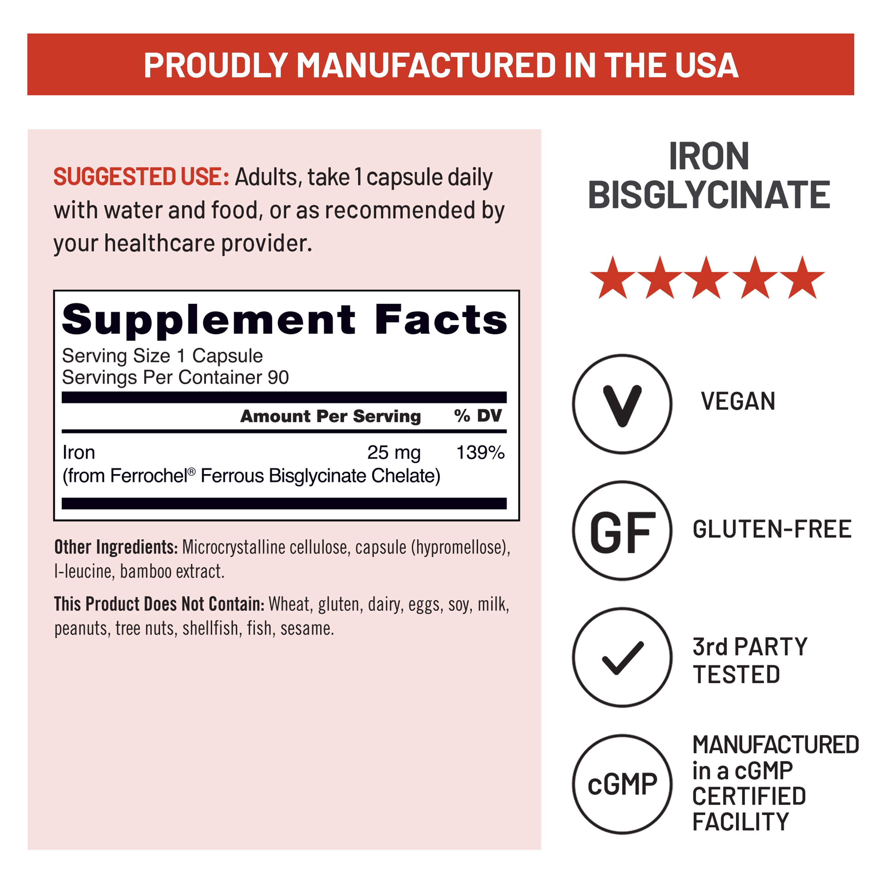 A product information graphic for an iron bisglycinate supplement. The graphic features a pink background with a black supplement facts label in the center, accompanied by key selling points on the right including 'IRON BISGLYCATE', 'VEGAN', 'GF', '3rd PARTY TESTED', and 'MANUFACTURED in a cGMP CERTIFIED FACILITY'.