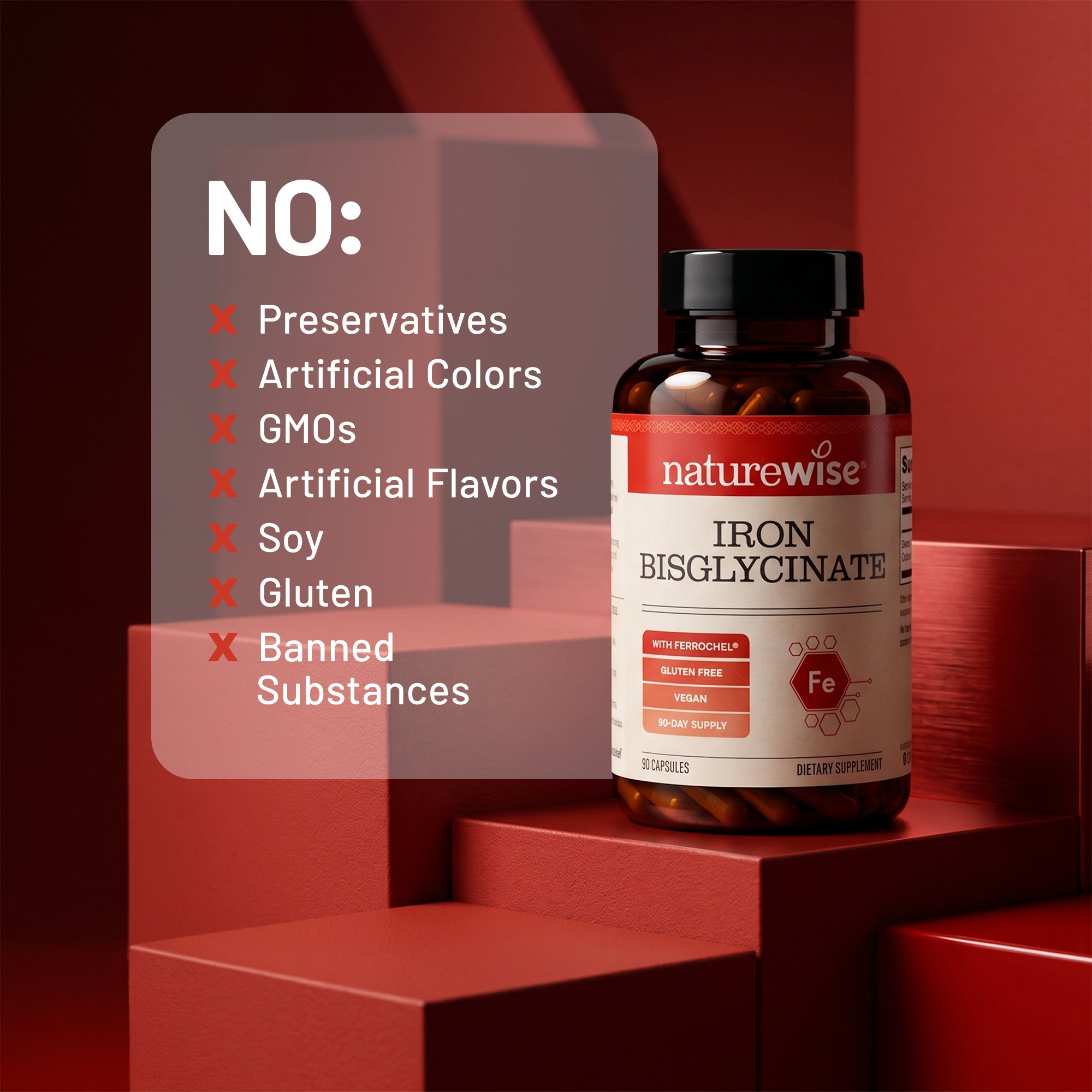 A bottle of Naturewise Iron Bisglycinate dietary supplement placed on red geometric steps, with a translucent overlay listing excluded ingredients such as preservatives, artificial colors, GMOs, artificial flavors, soy, gluten, and banned substances.