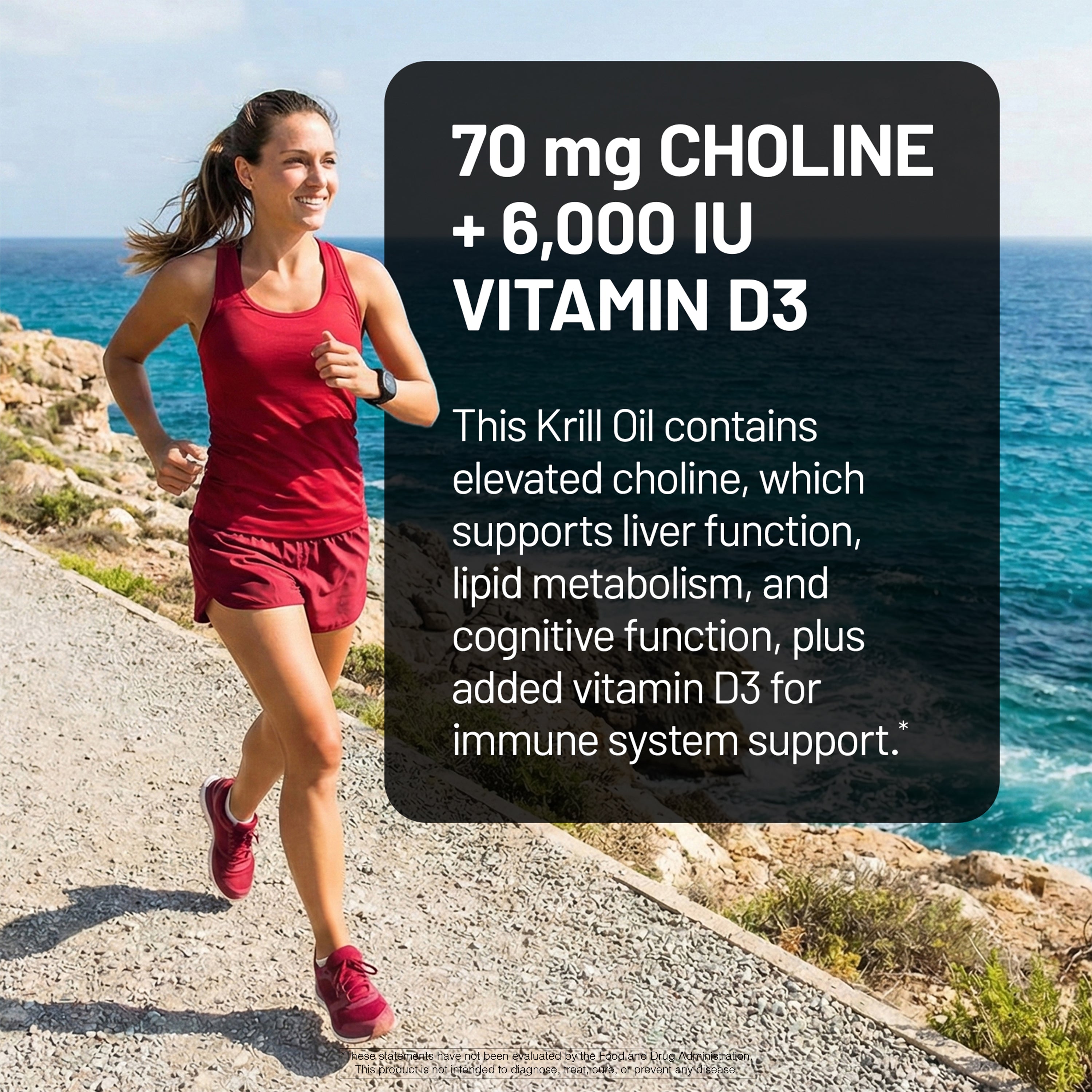 Woman running outdoors with text about Krill Oil supplement benefits.