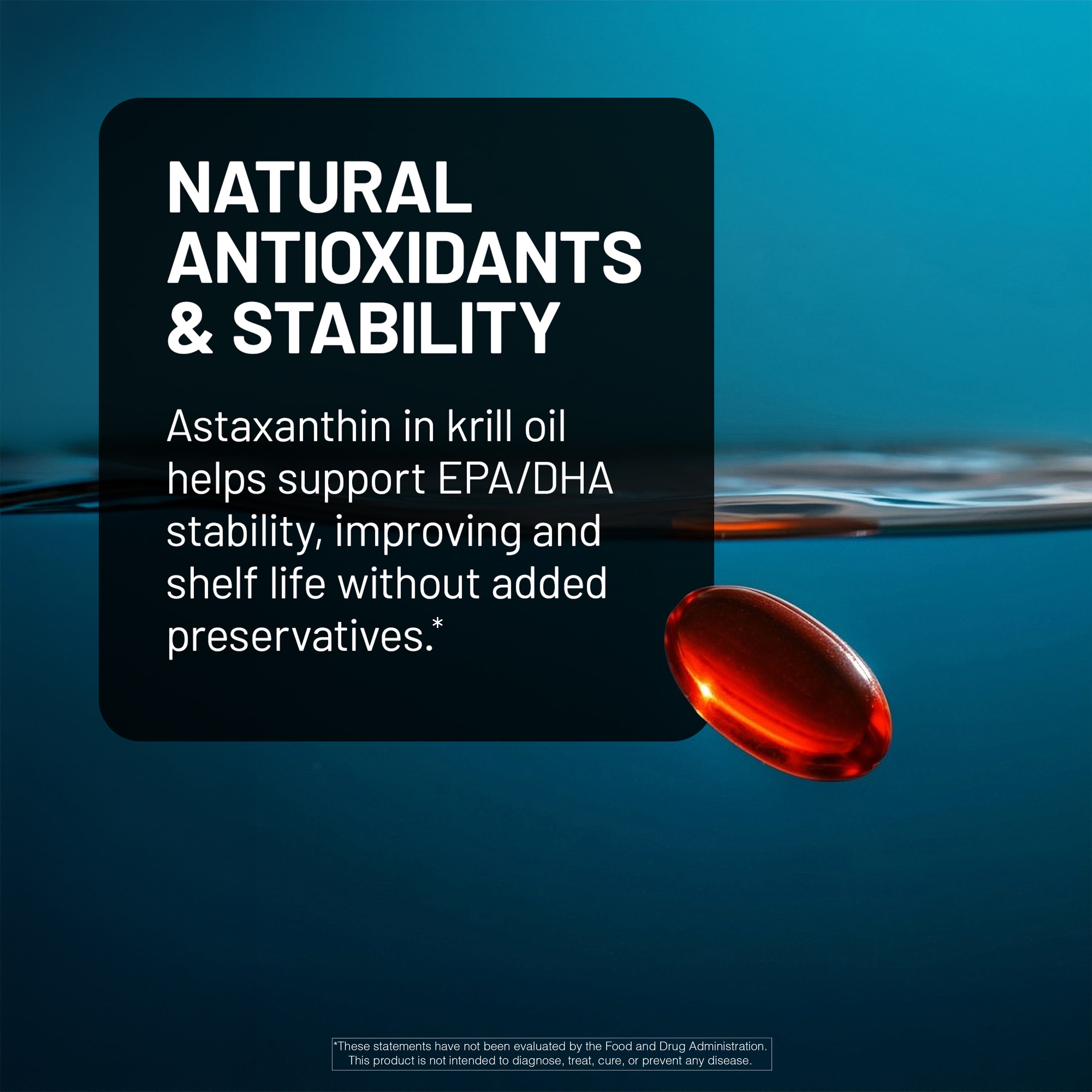 Red krill oil supplement pill on a blue background with text about natural antioxidants and stability.