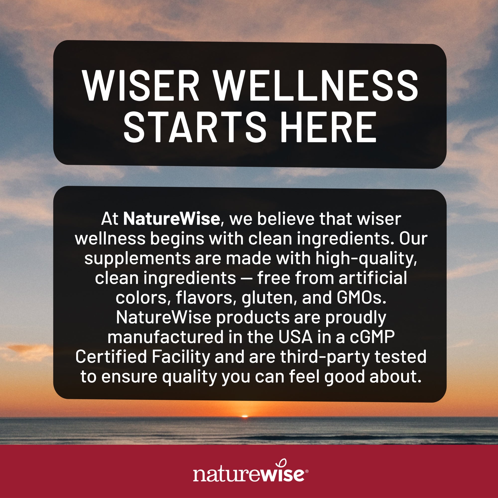 NatureWise advertisement with text about clean ingredients and product quality on a sunset beach background.