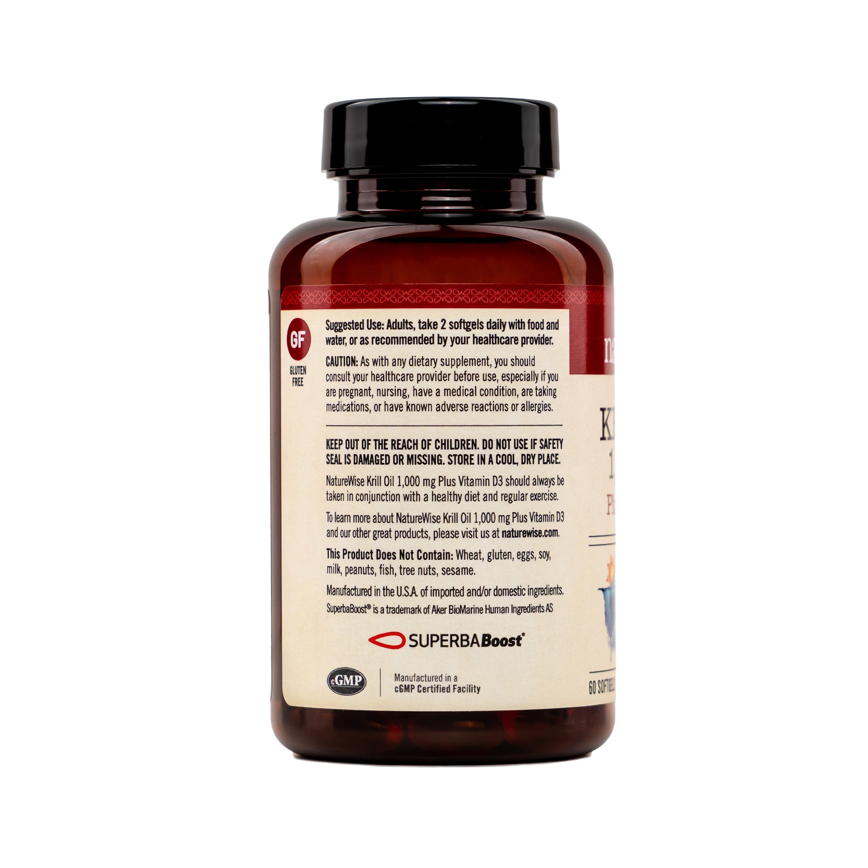 Krill Oil supplement bottle with label on a white background showing suggested use.