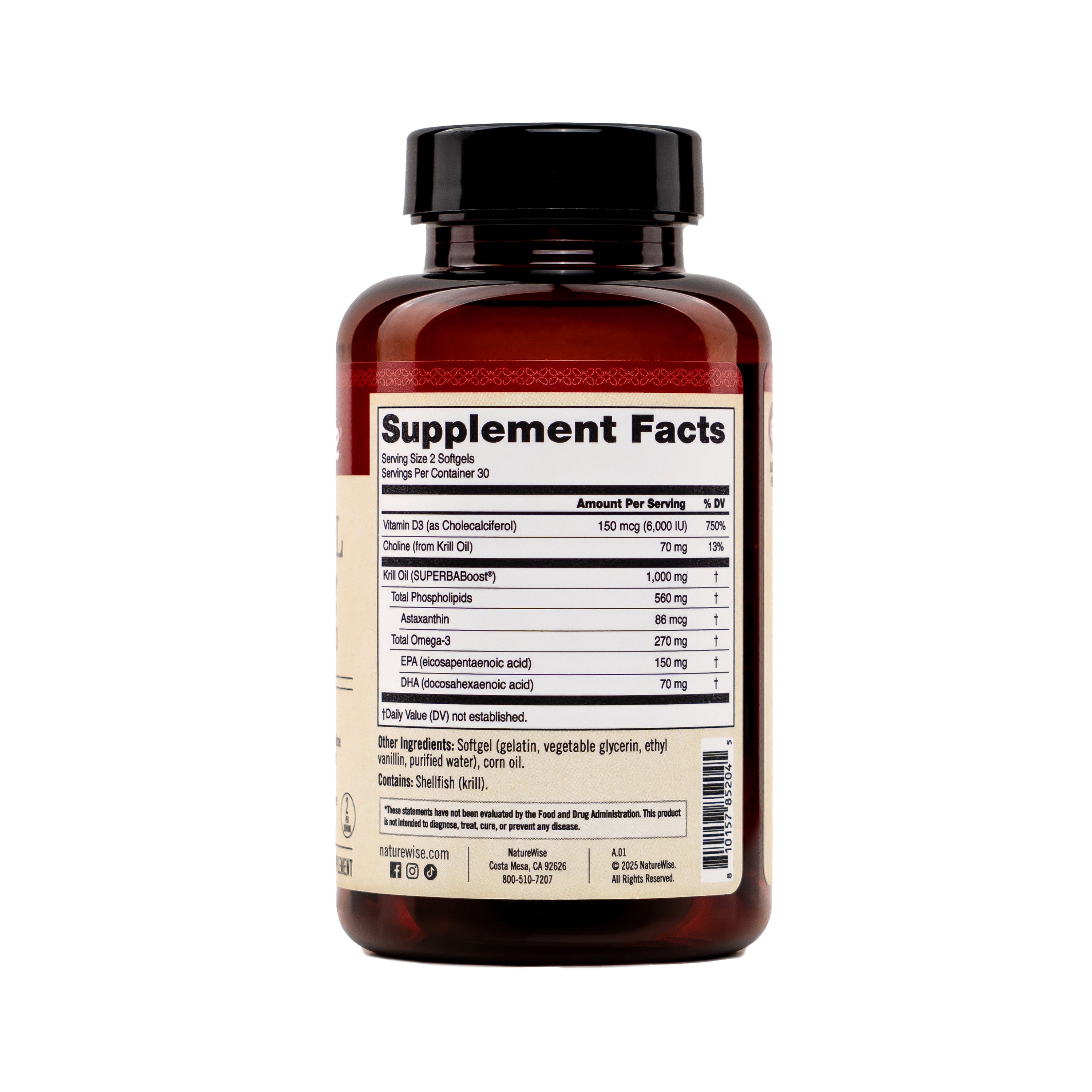 Supplement bottle with a focus on the Krill Oil Supplement Facts label on a white background