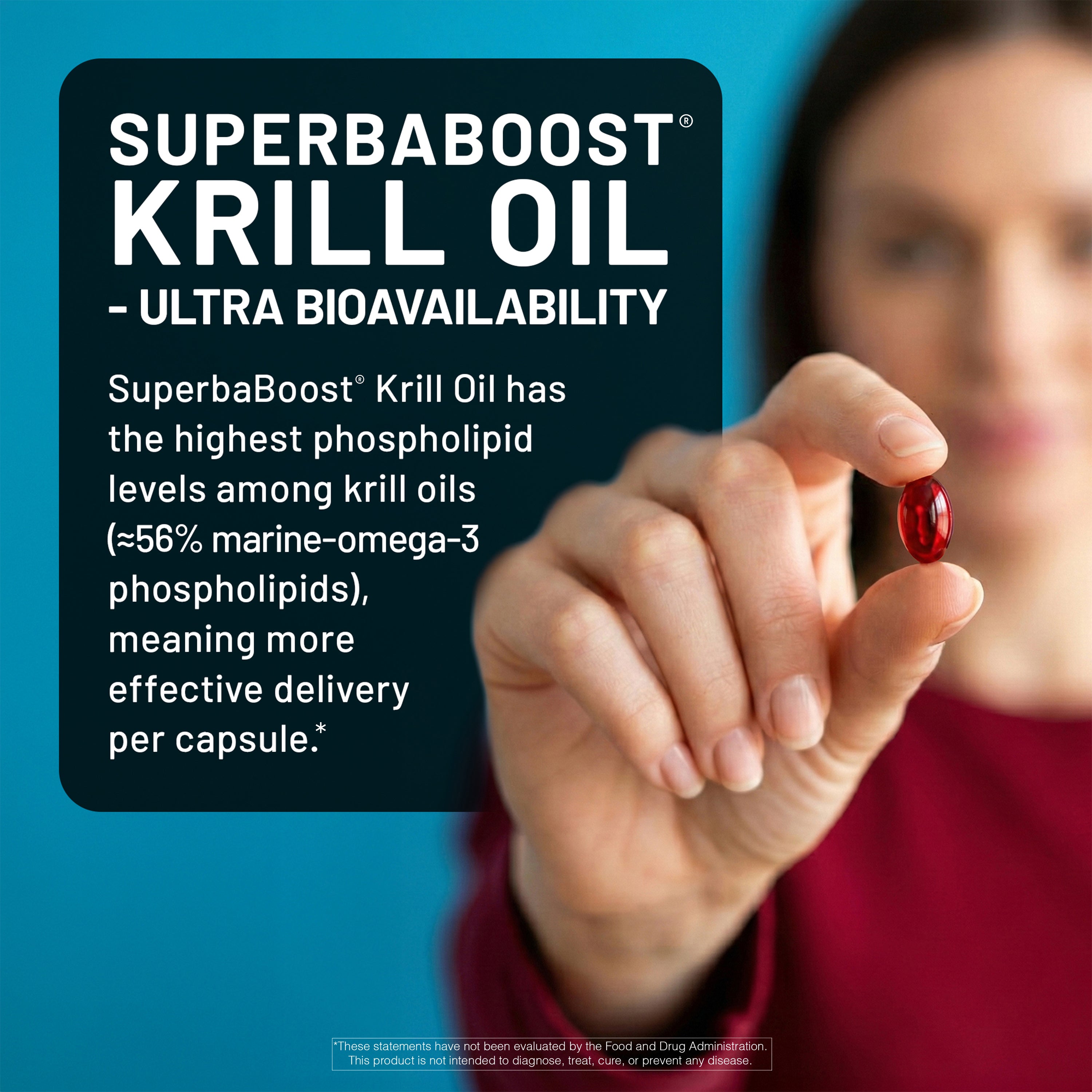 Hand holding a red capsule with SuperbaBoost Krill Oil text on a blue background