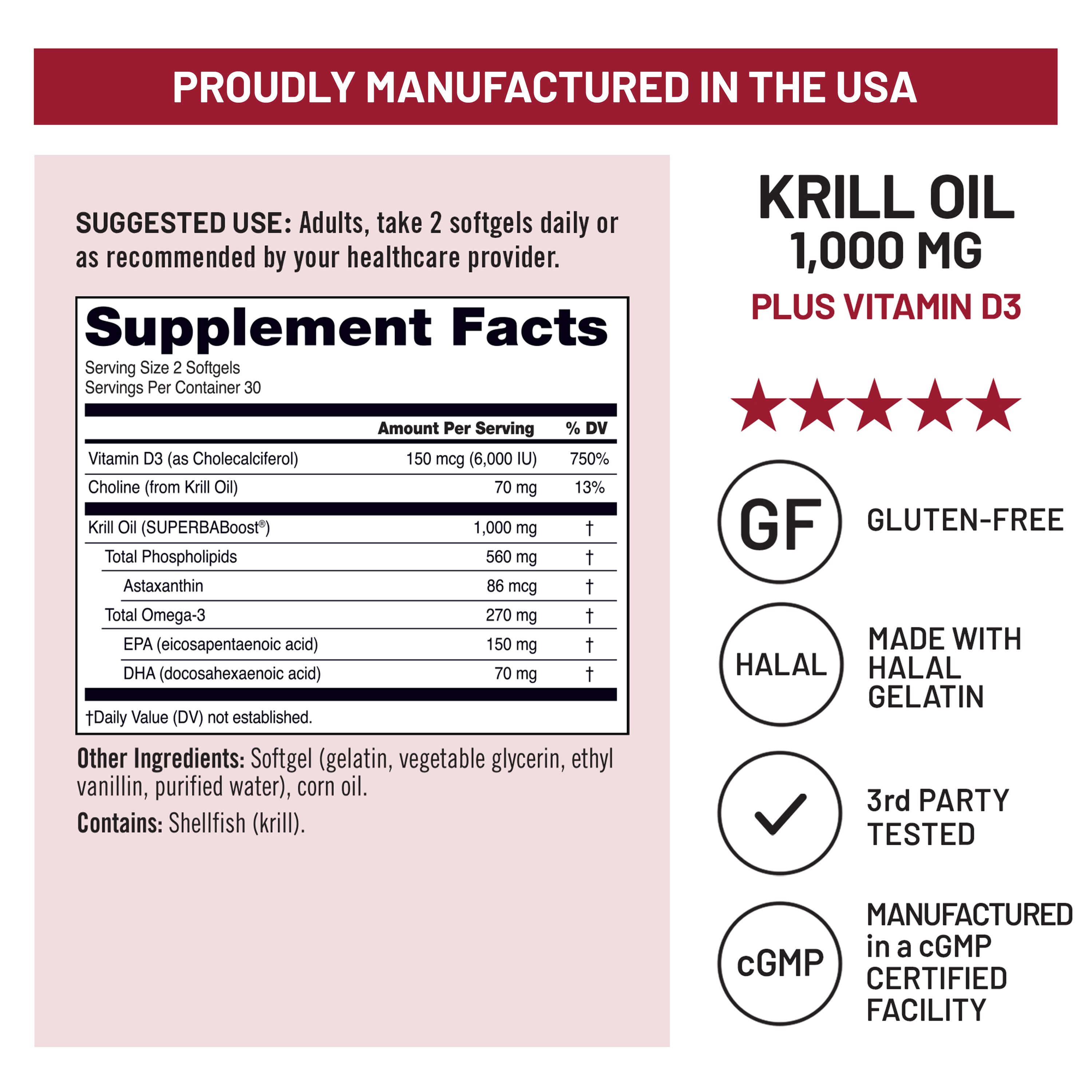 Supplement label for Krill Oil 1,000 mg Plus Vitamin D3 with certification icons on a pink background.