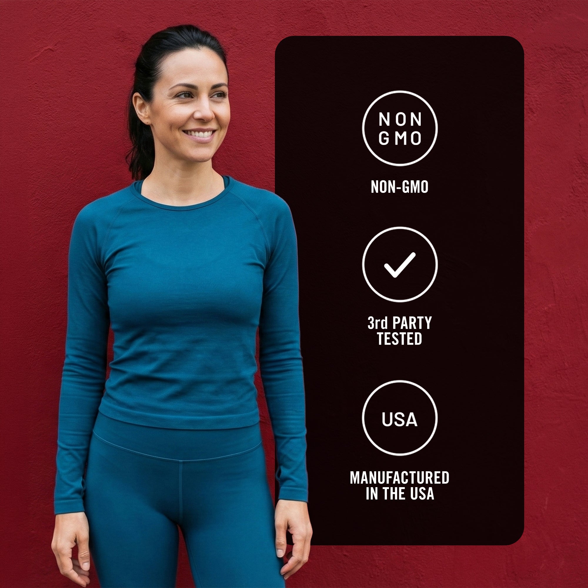 Woman wearing a blue athletic outfit with certification labels on a red background
