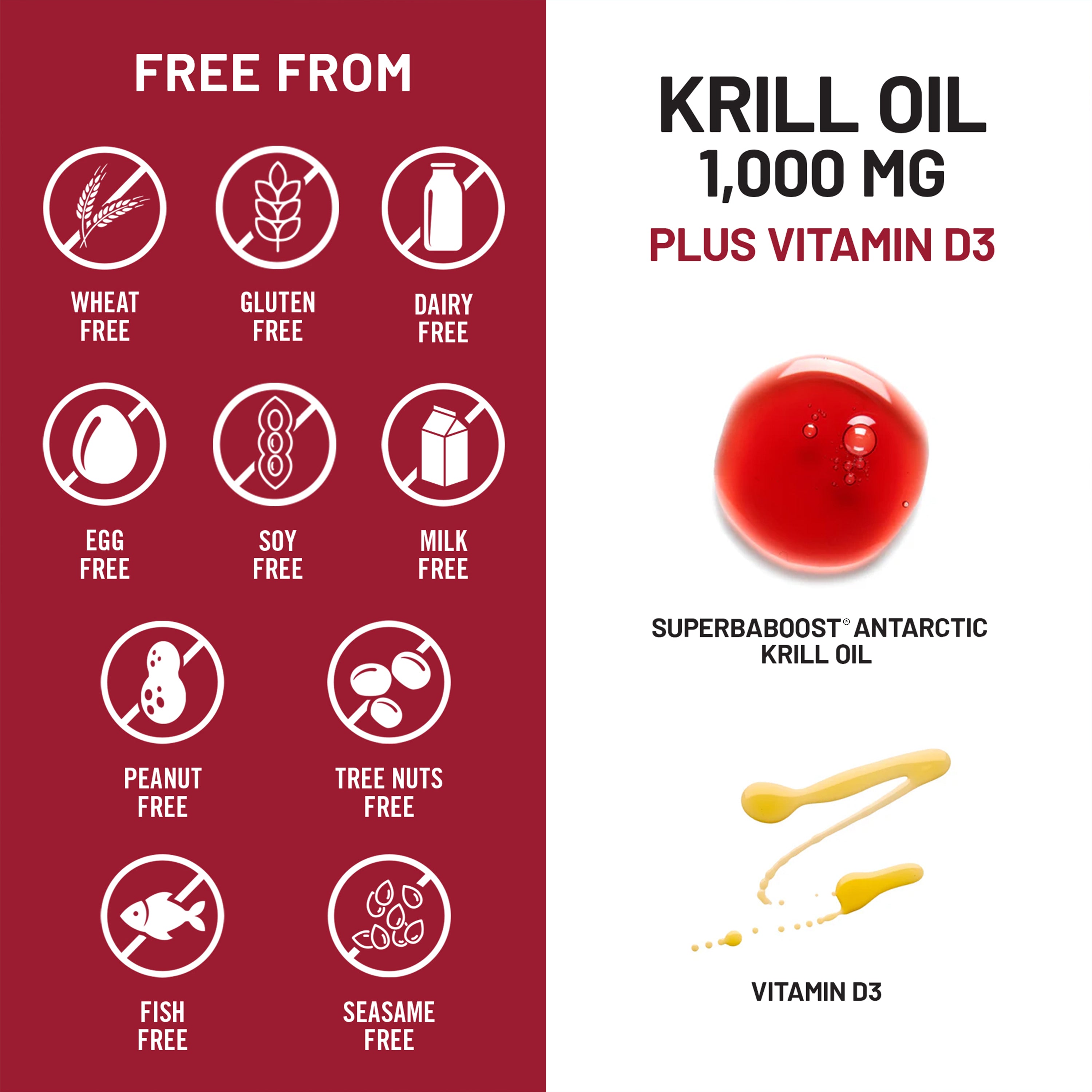 Product label for krill oil supplement with free-from icons and ingredient details.