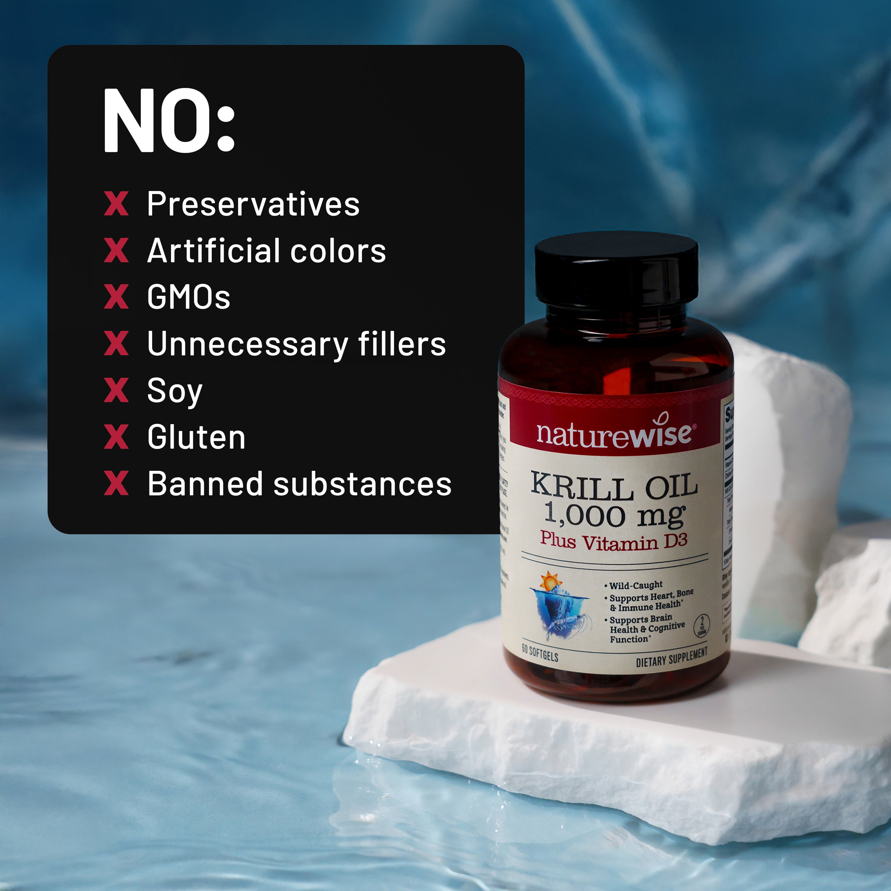 Naturewise Krill Oil supplement bottle with a list of no ingredients on a blue background