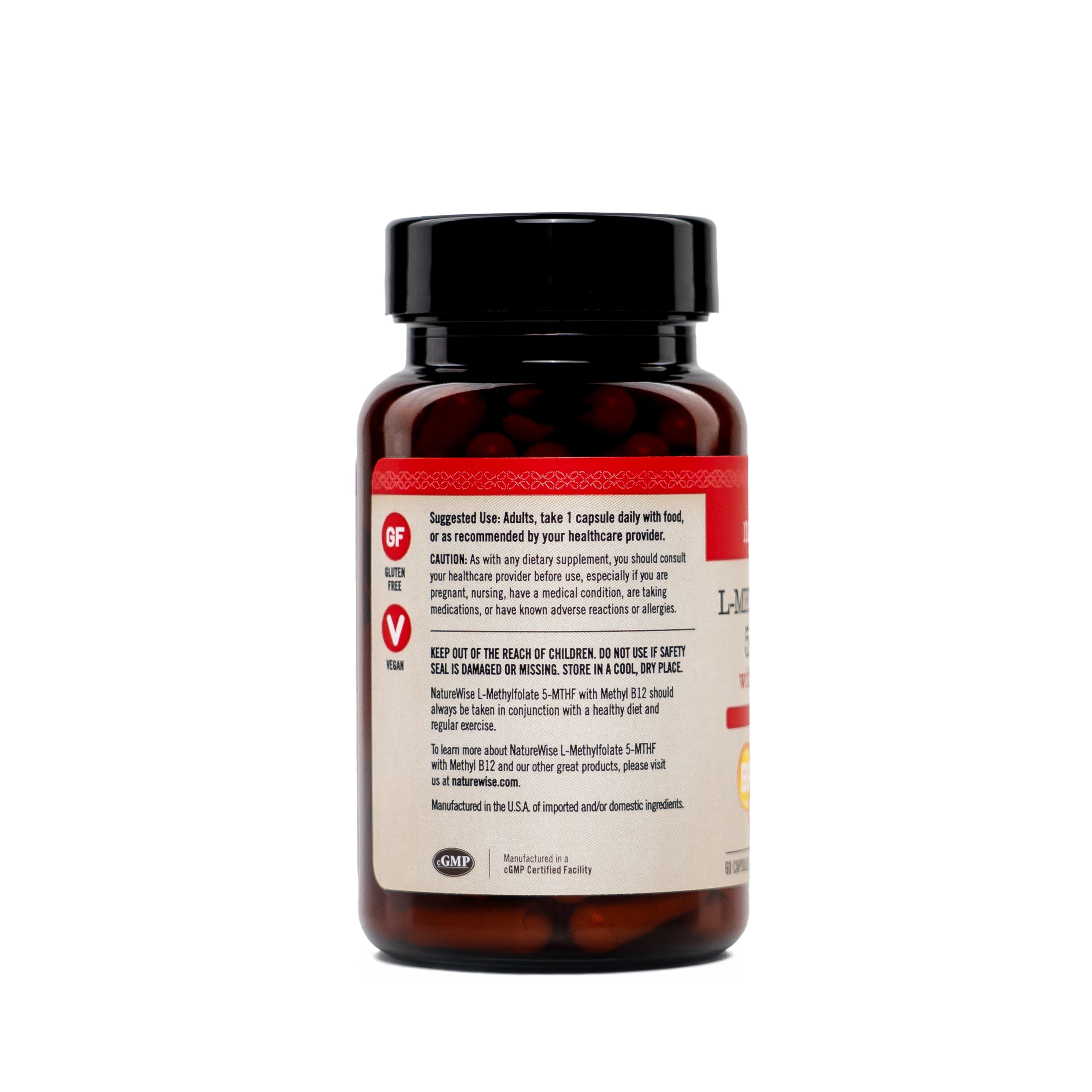 5-MTHF Supplement bottle with a red label on a white background