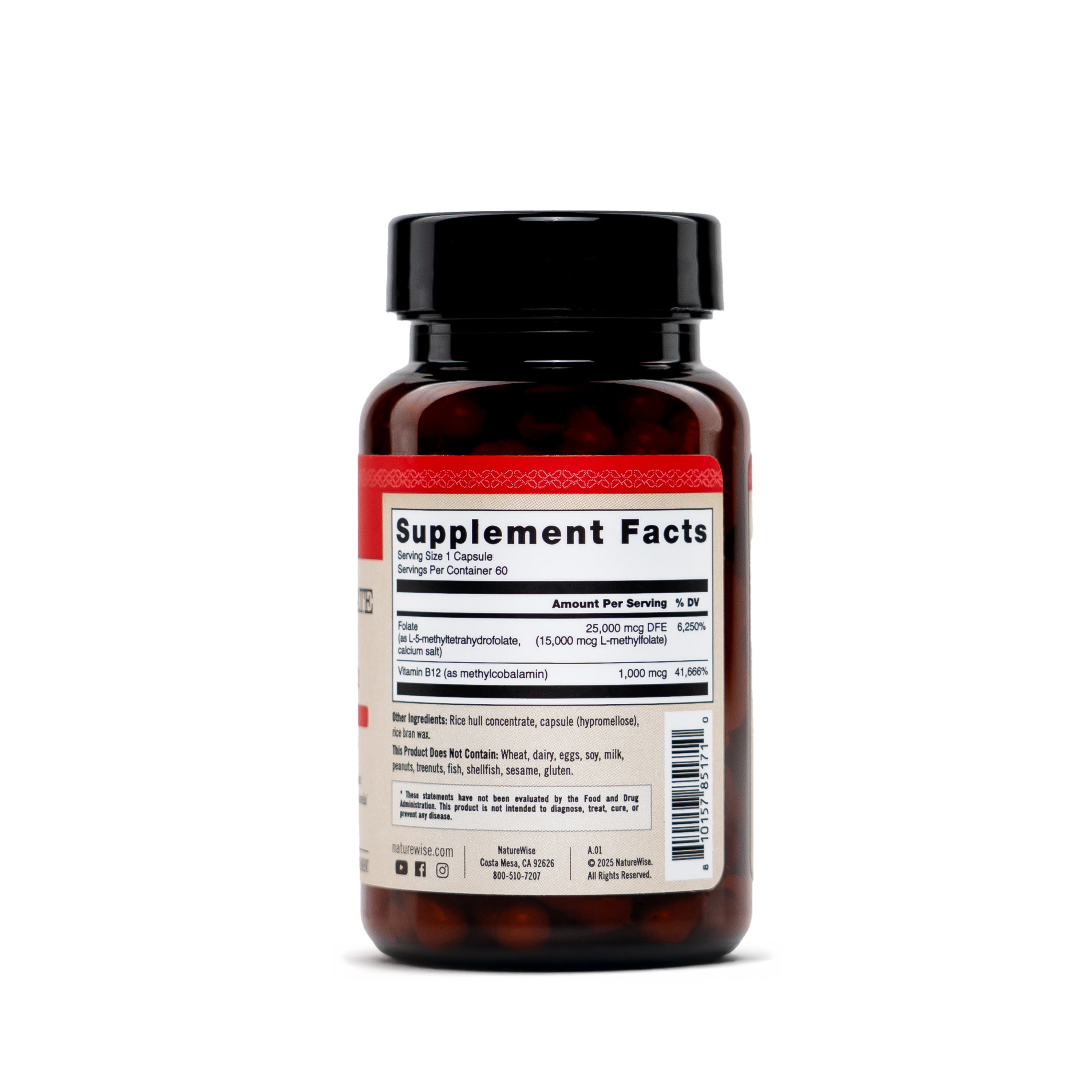 NatureWise L methylfolate supplement bottle showing supplement facts panel on the label on a white background