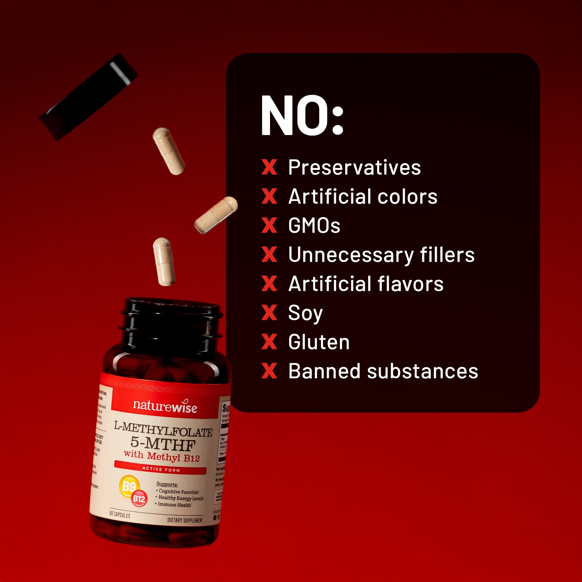 Naturewise L-Methylfolate supplement bottle with a list of no ingredients on a red background