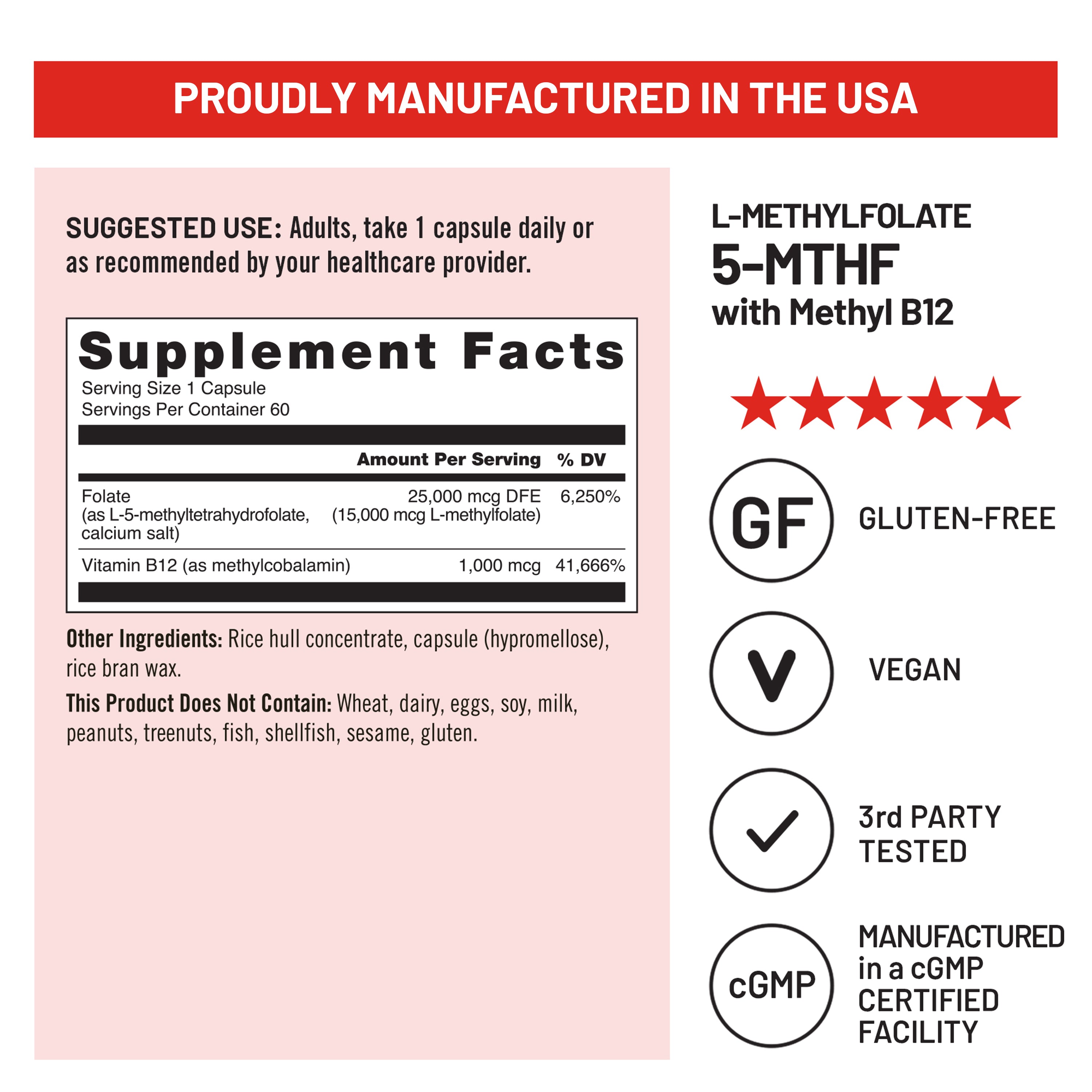 Supplement label for L-Methylfolate 5-MTHF with Methyl B12 on a pink background