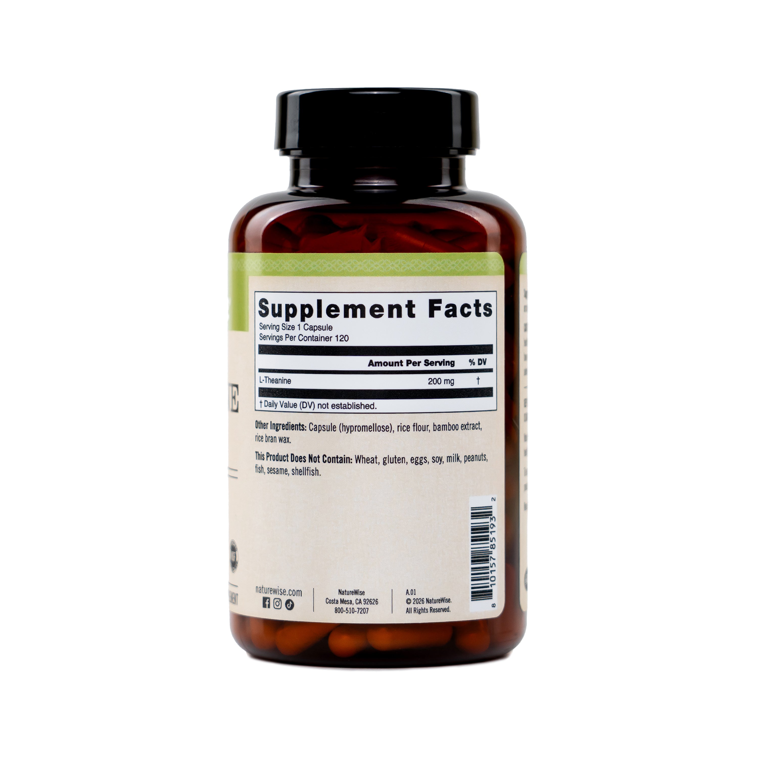 L Theanine supplement bottle with label showing Supplement Facts on a white background