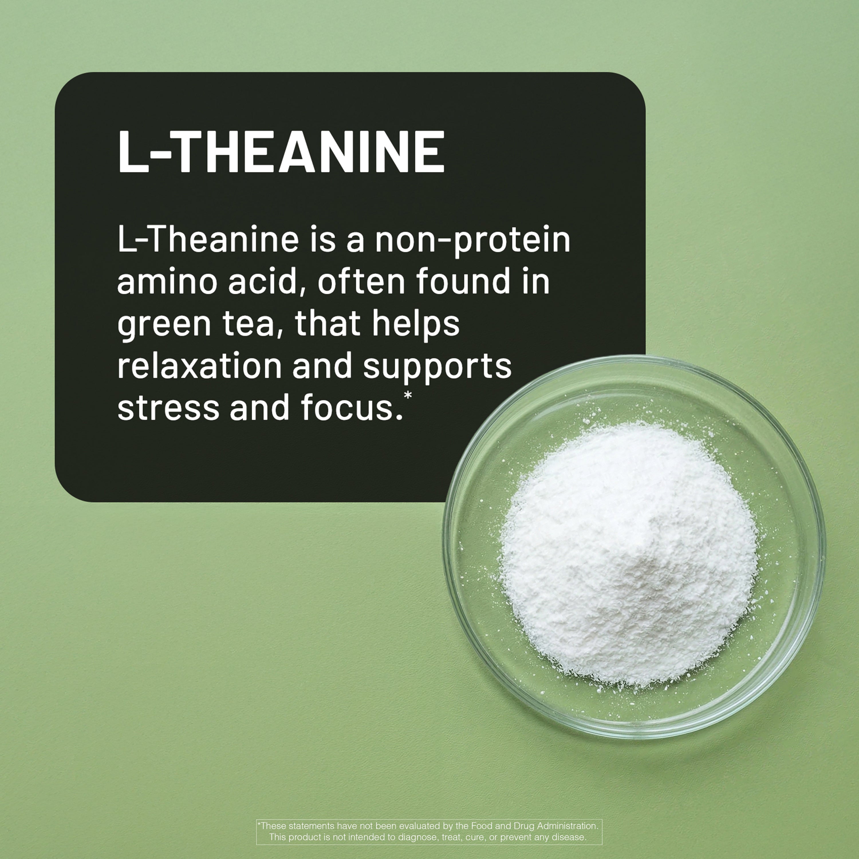L-Theanine powder in a glass bowl with text on a green background