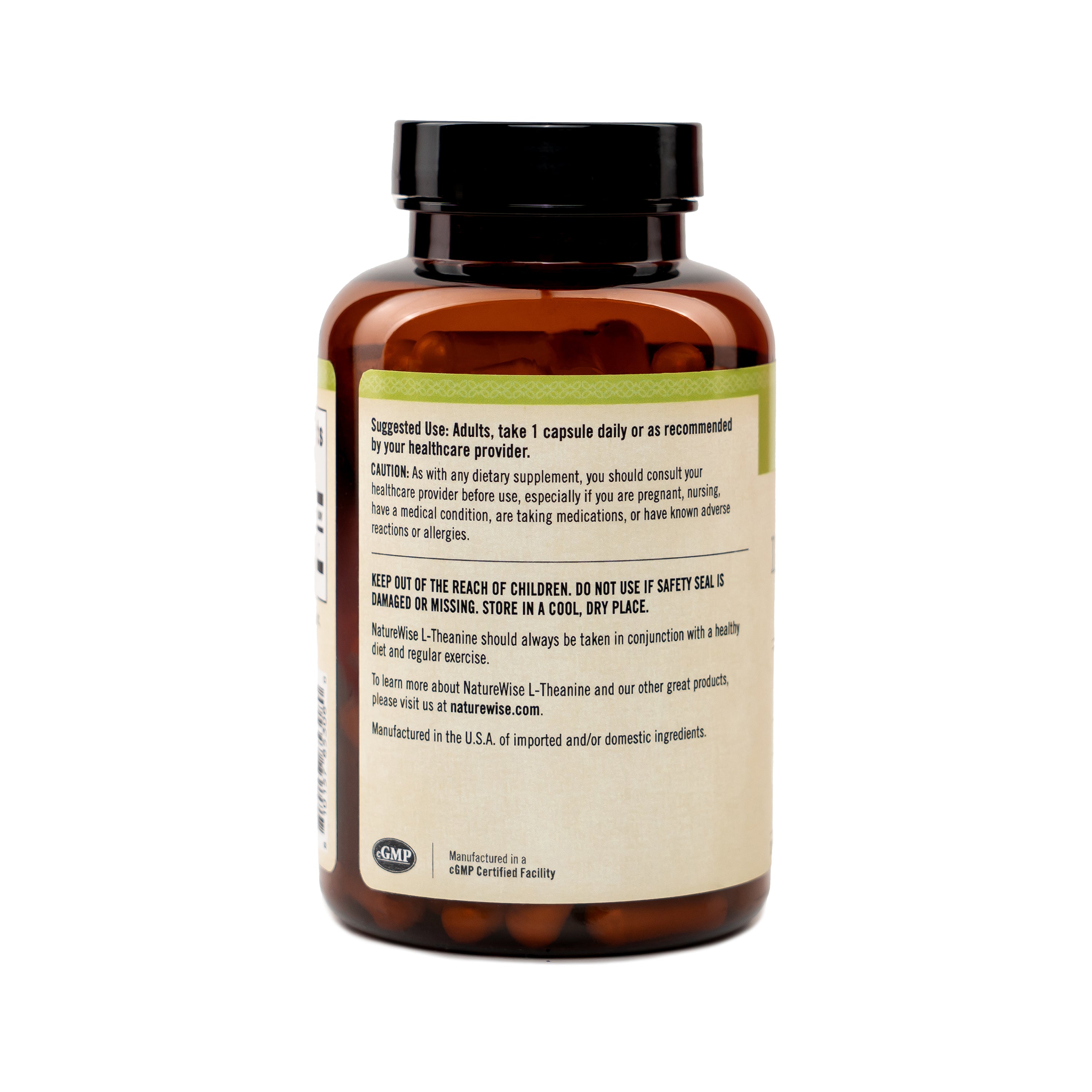 NatureWise Quadruple Strength L-theanine supplement bottle showing side of label with suggested use on a white background