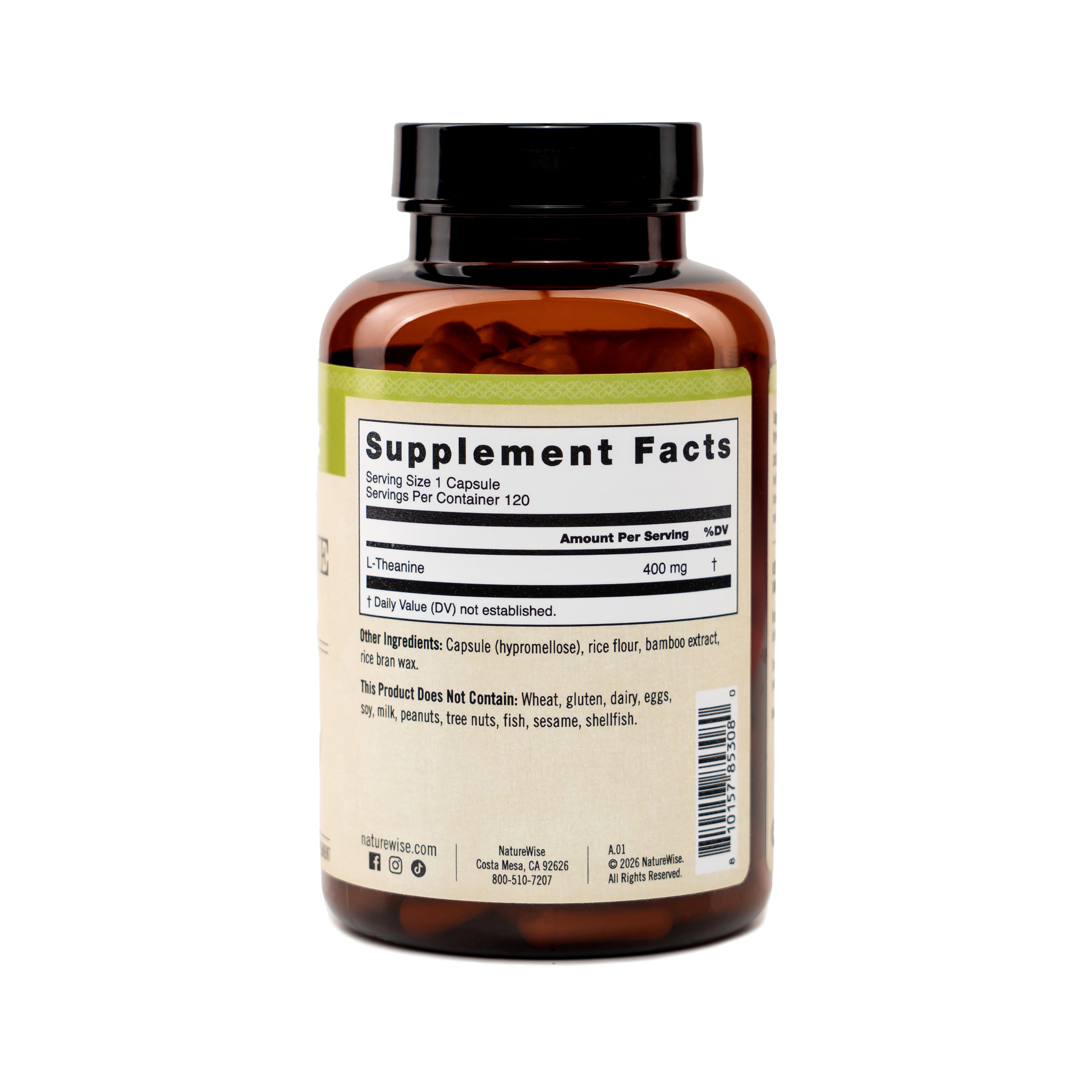 NatureWise Quadruple Strength L-Theanine supplement bottle with label showing Supplement Facts on a white background