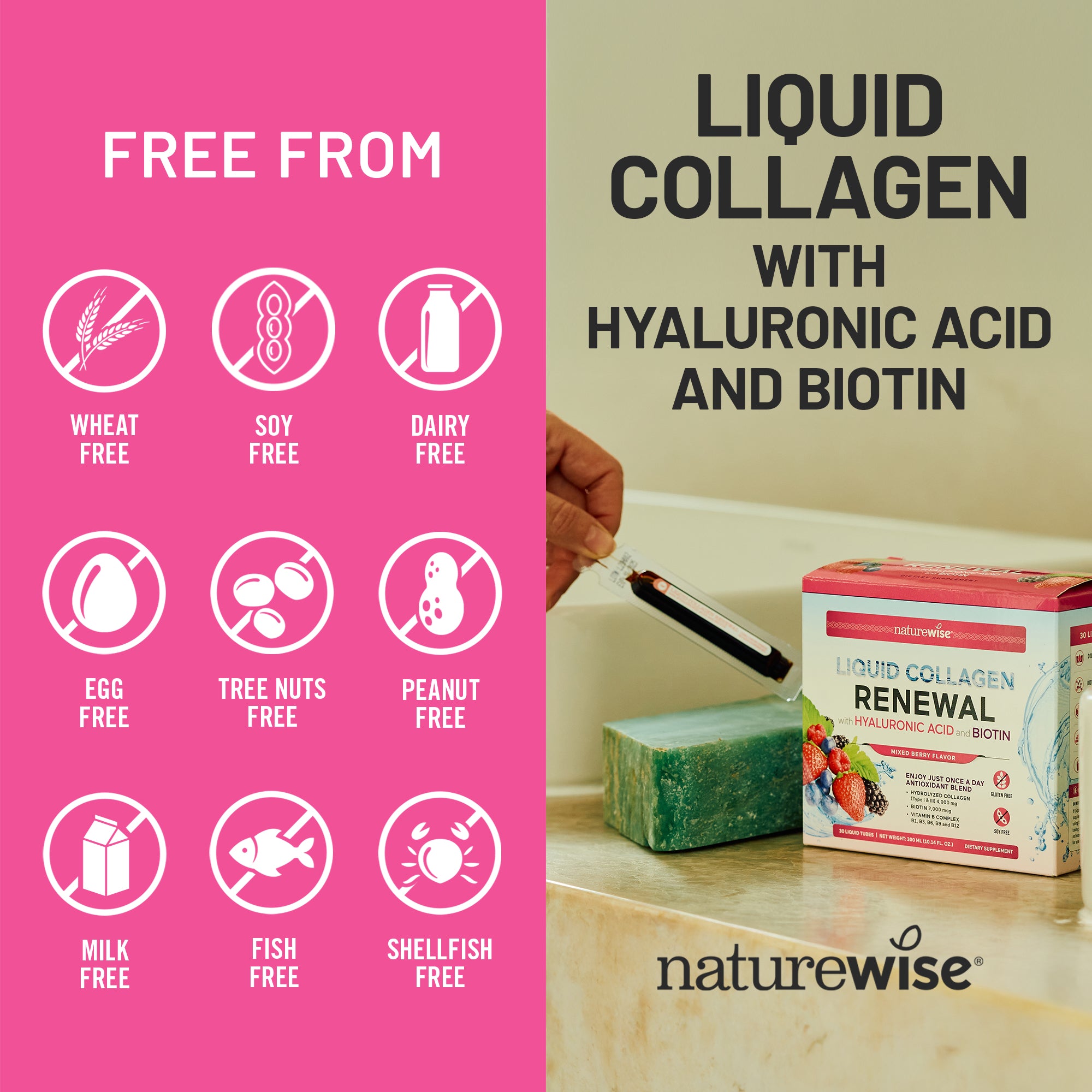 Naturewise liquid collagen supplement packaging with free-from icons on a pink background