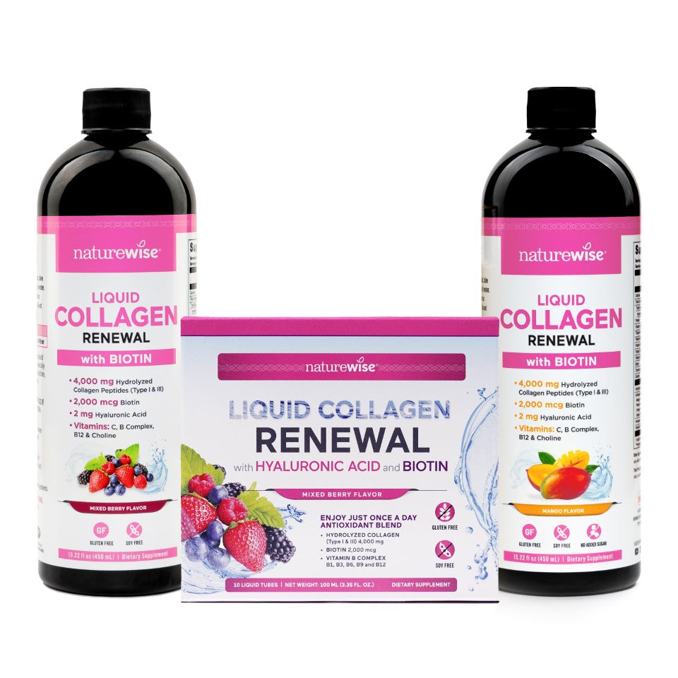 Naturewise Liquid Collagen supplement bottles and tubes on a white background