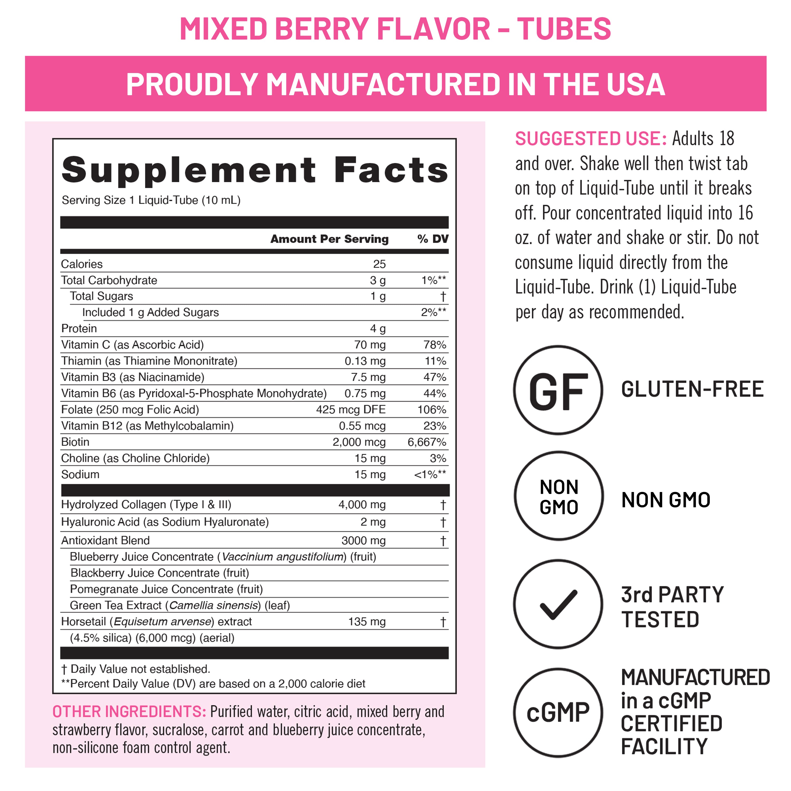 Supplement label for mixed berry flavor tubes liquid collagen, proudly manufactured in the USA.