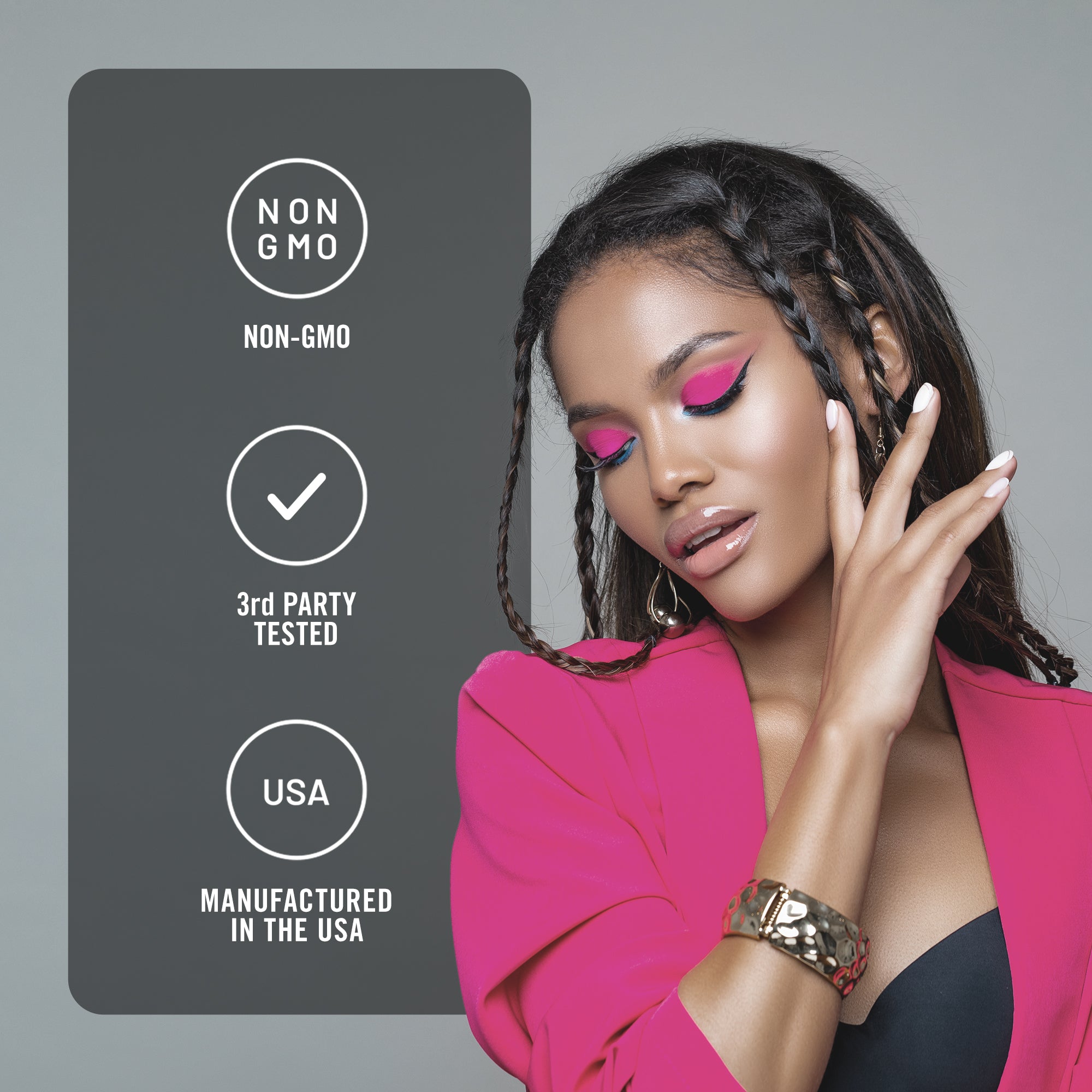 Woman with pink makeup and a pink top, with product certification icons on a gray background