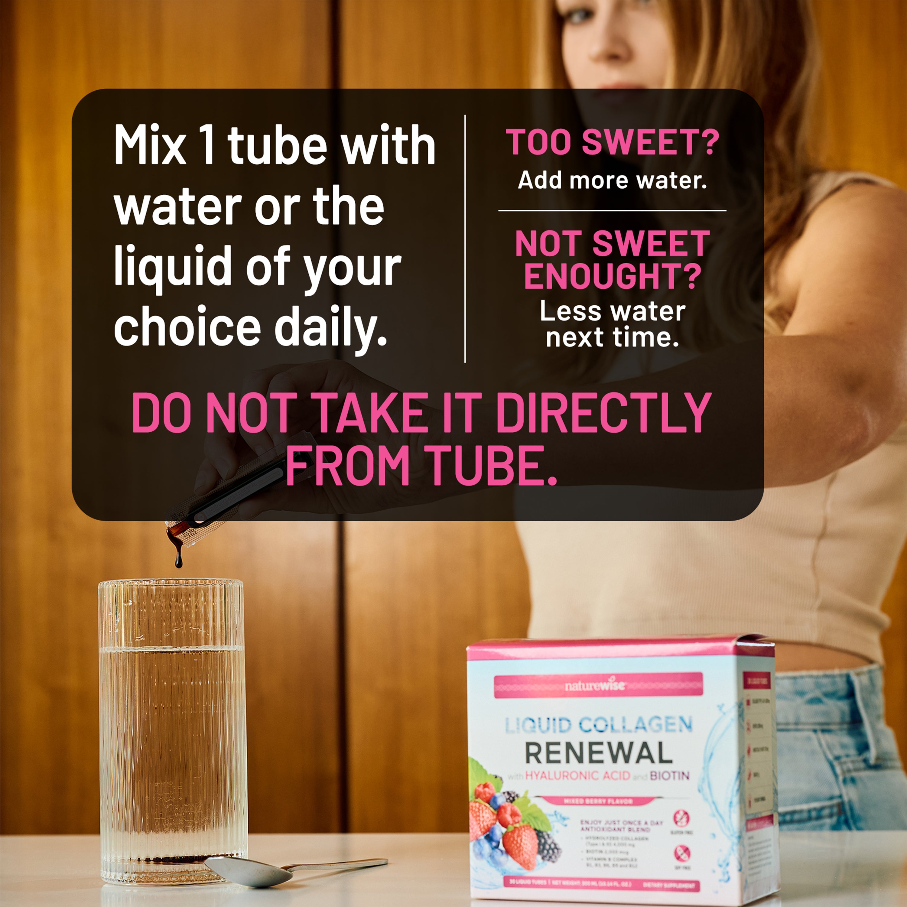 Liquid collagen supplement with packaging and instructions on a table saying not to drink it directly from the tube.