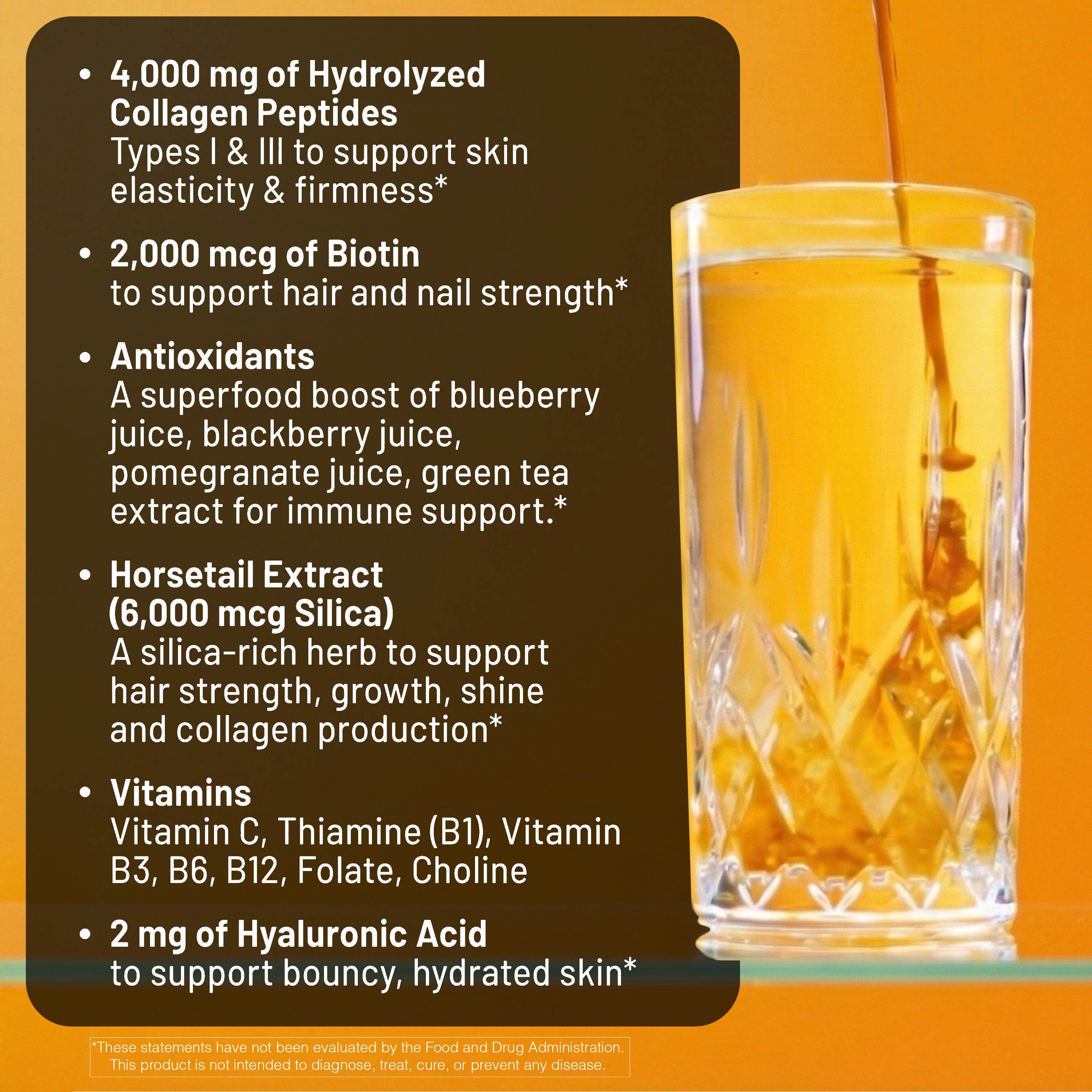 Glass of liquid collagen drink with nutritional information on a brown background