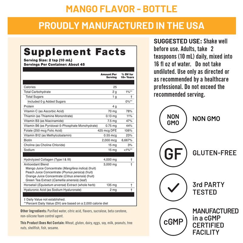 Supplement label with facts and certifications for a mango-flavored liquid collagen product
