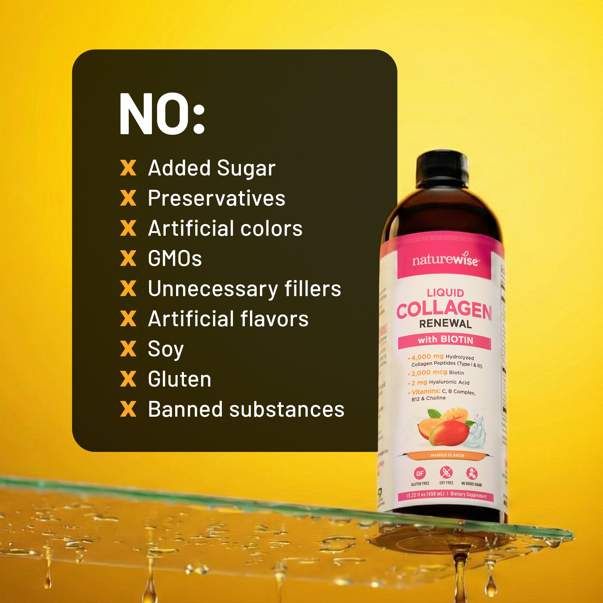 Naturewise Liquid Collagen supplement bottle with a list of 'No' items on a yellow background