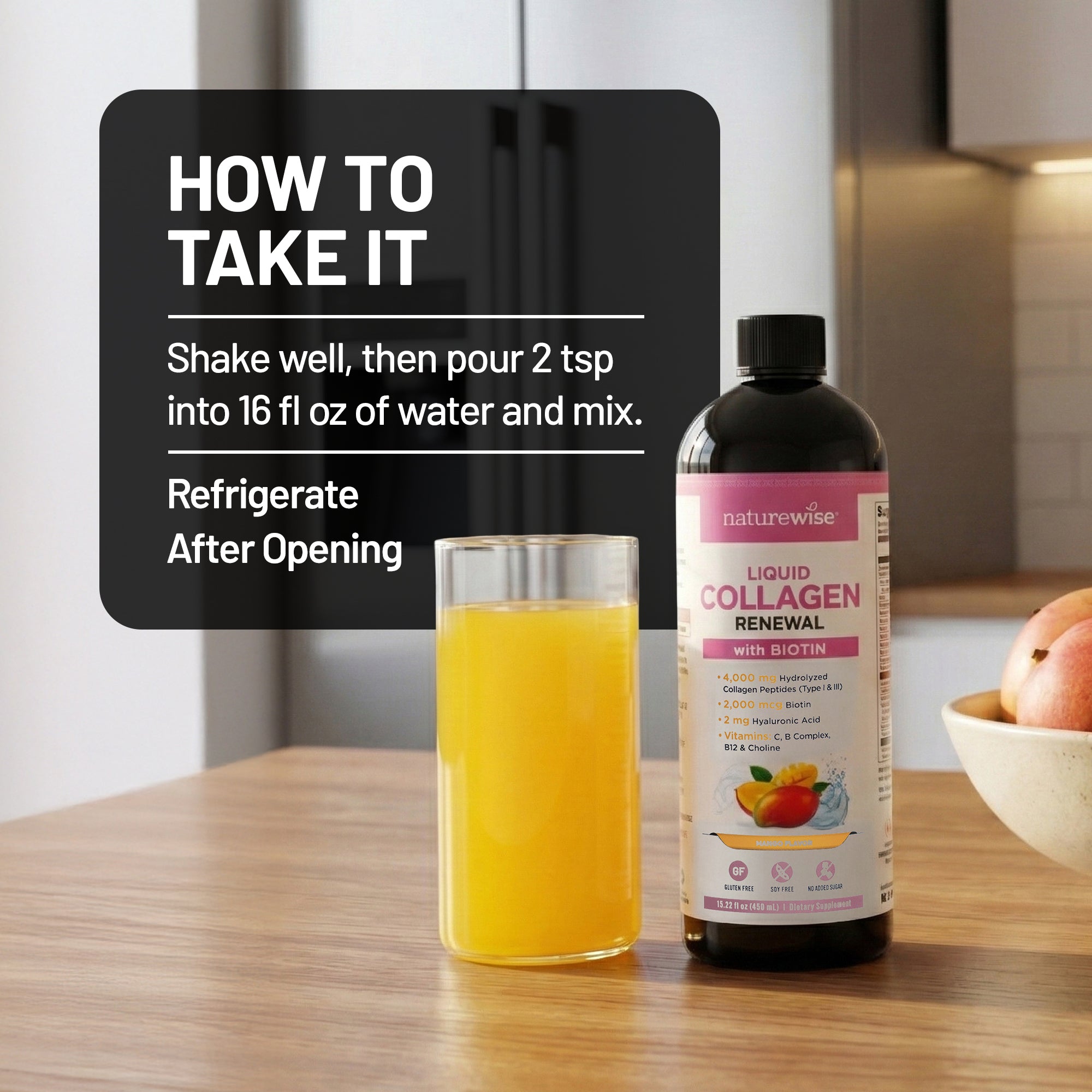 Naturewise Liquid Collagen supplement mango flavor bottle with a glass of on a kitchen counter.