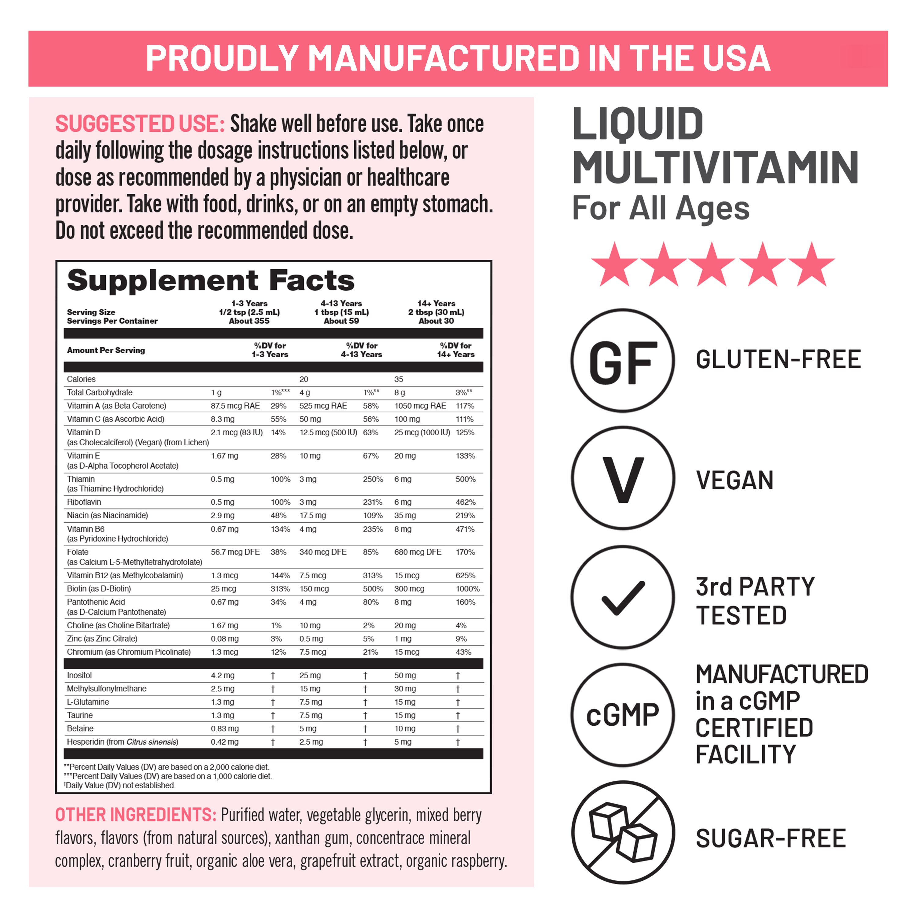 NatureWise liquid multivitamin supplement label with supplement facts, usage instructions, and certification logos on a white background.